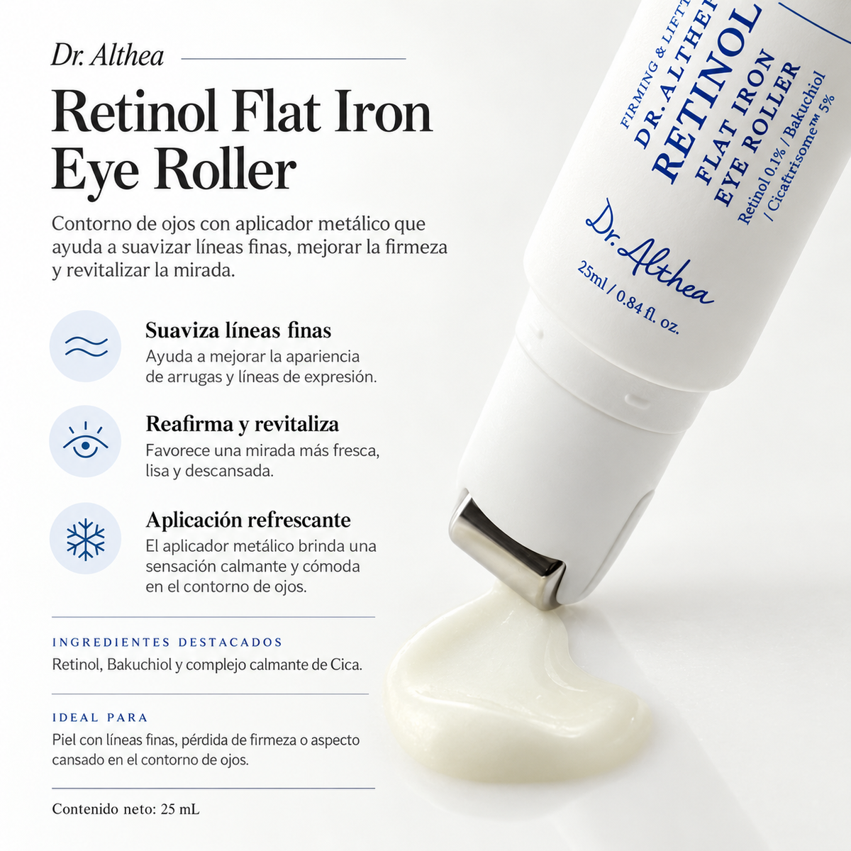 Dr. Althea - Retinol Flat Iron Eye Roller – Contorno de Ojos con Retinol, Bakuchiol, Péptidos y Aplicador Gua Sha 25 ml