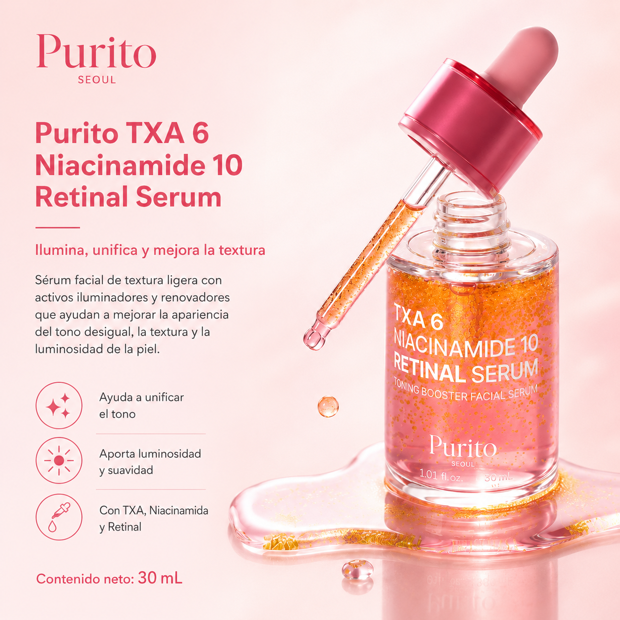 Purito Seoul - TXA 6 Niacinamide 10 Retinal Serum – Suero Antimanchas e Iluminador con 6% Ácido Tranexámico y 10% Niacinamida 30 ml