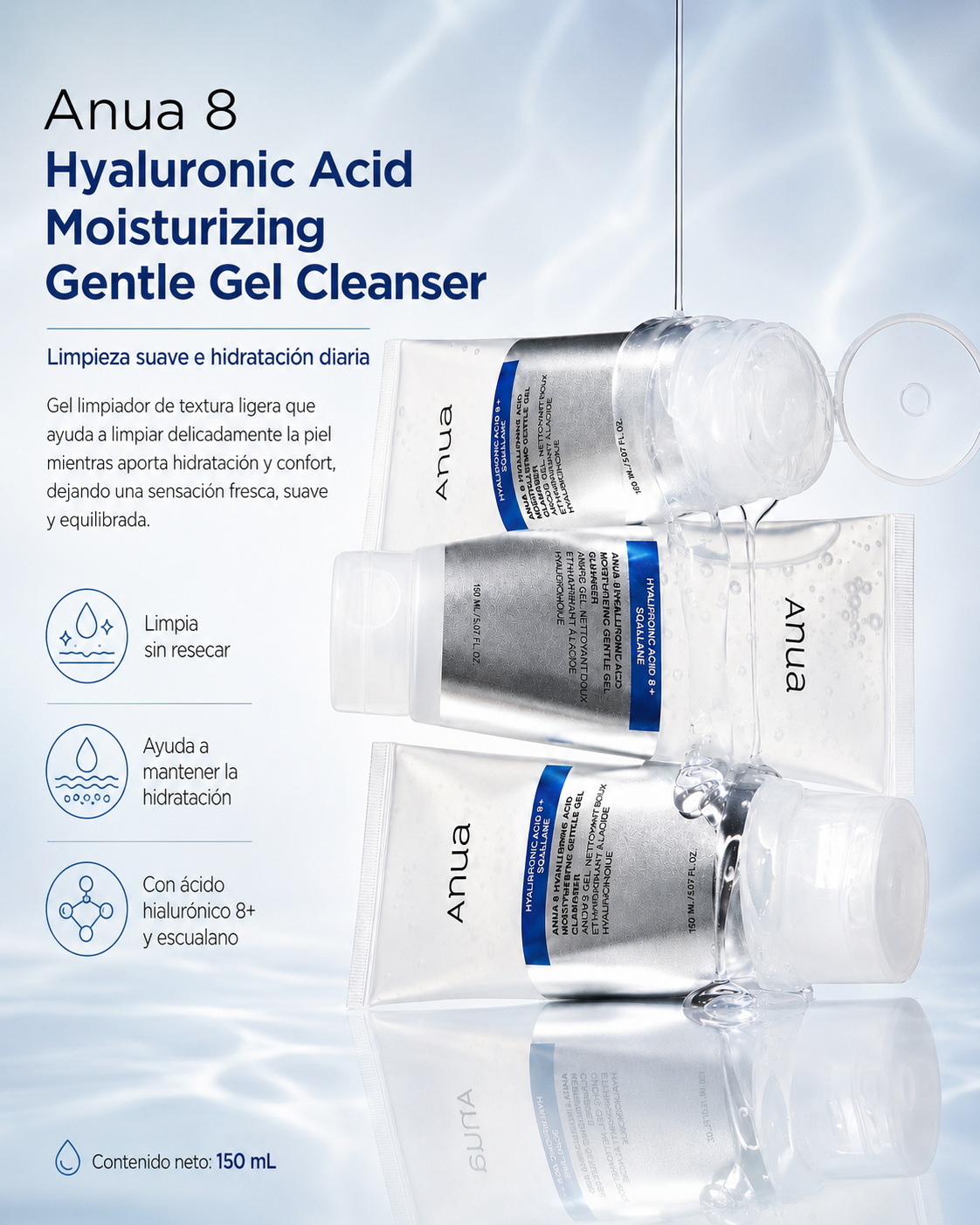 Anua - 8 Hyaluronic Acid Moisturizing Gentle Gel Cleanser – Limpiador Facial Hidratante con 8 Ácidos Hialurónicos y Escualano 150 ml