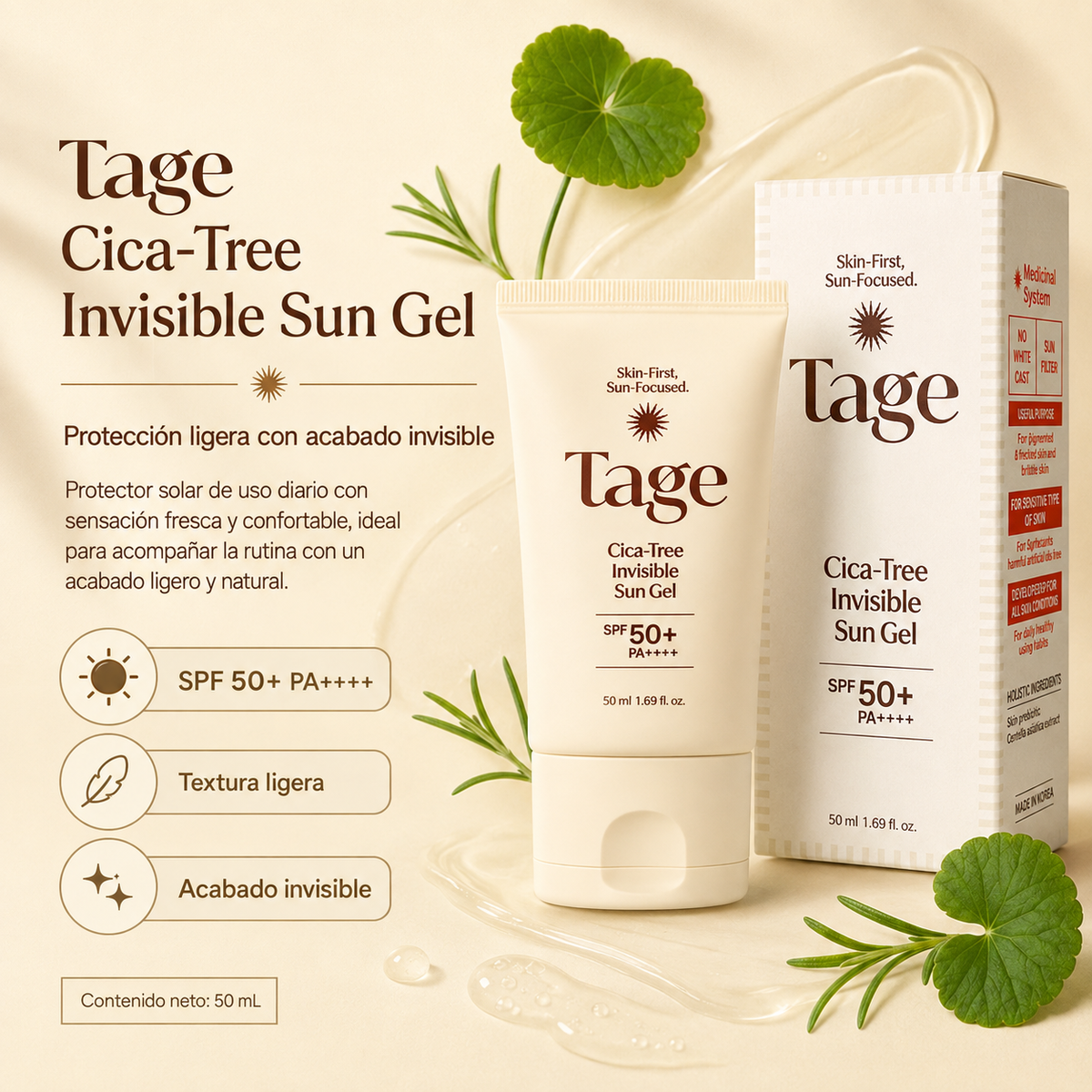 Tage - Cica-Tree Invisible Sun Gel SPF50+ PA++++ – Protector Solar Invisible con Centella y Tea Tree 50 ml