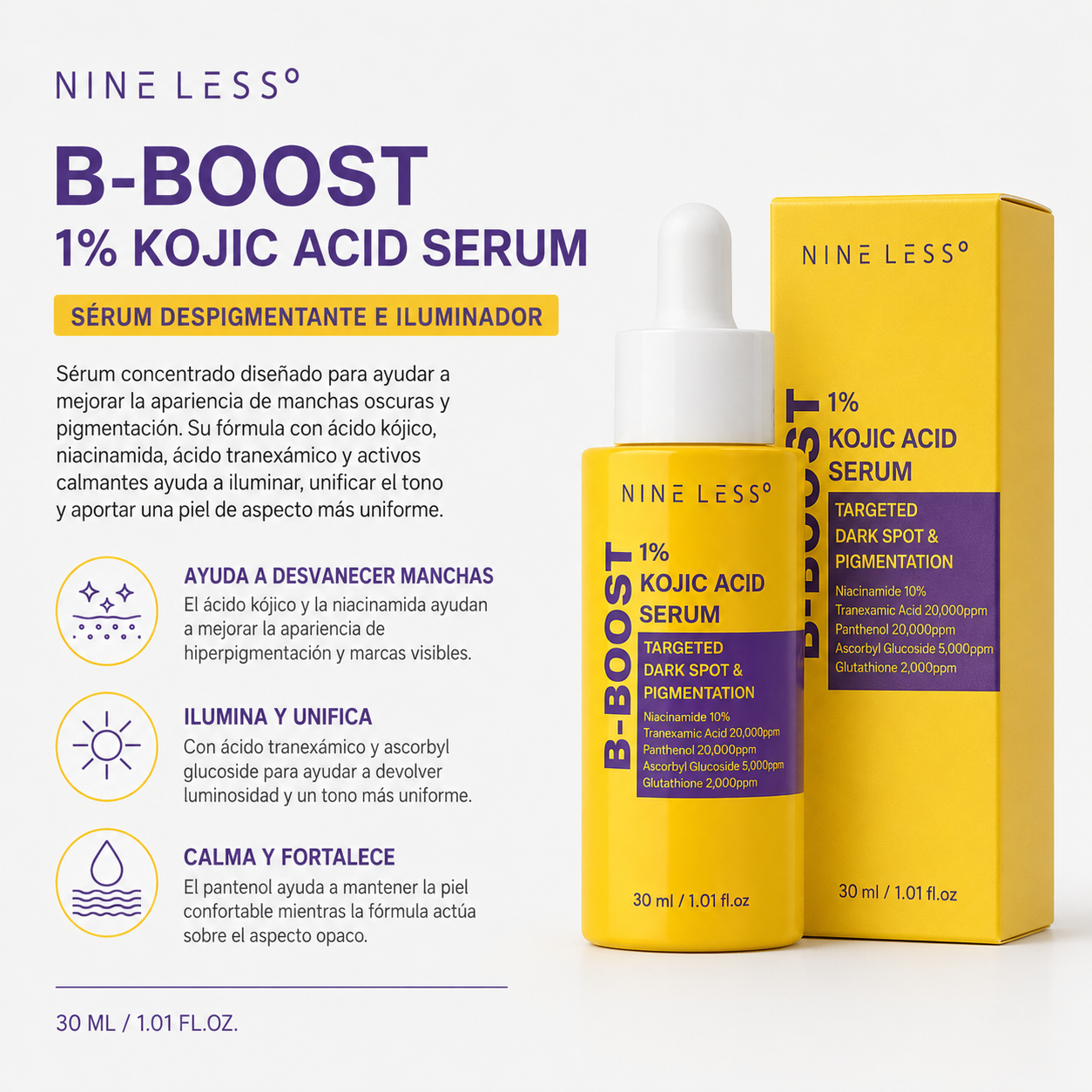 Nine Less - B-Boost 1% Kojic Acid Serum - Sérum Iluminador Antimanchas con Ácido Kójico y Niacinamida 30 ml