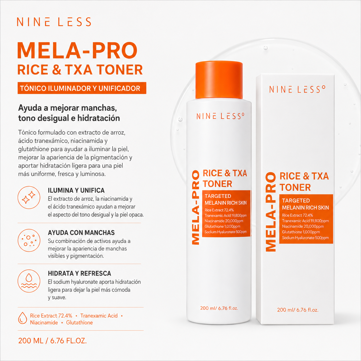 Nine Less - Mela-Pro Rice &amp; TXA Toner - Tónico Iluminador Antimanchas con Arroz y Ácido Tranexámico 200 ml