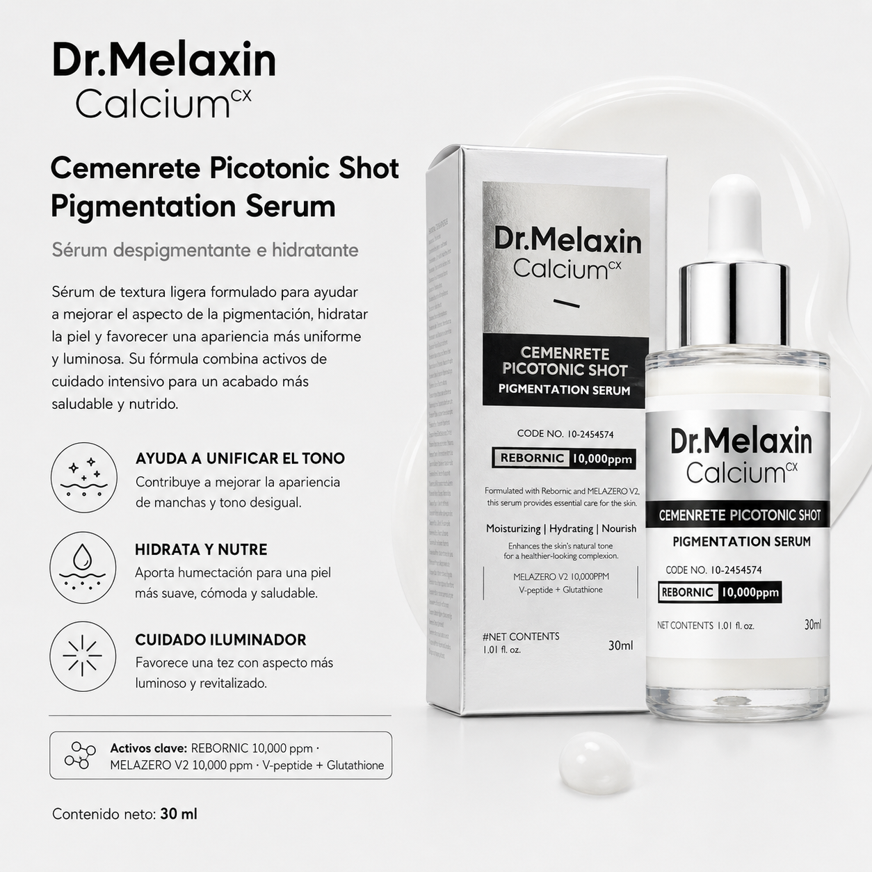 Dr.Melaxin - Calcium CX Cemenrete Picotonic Shot Pigmentation Serum - Sérum Iluminador Antimanchas con Rebornic 30 ml
