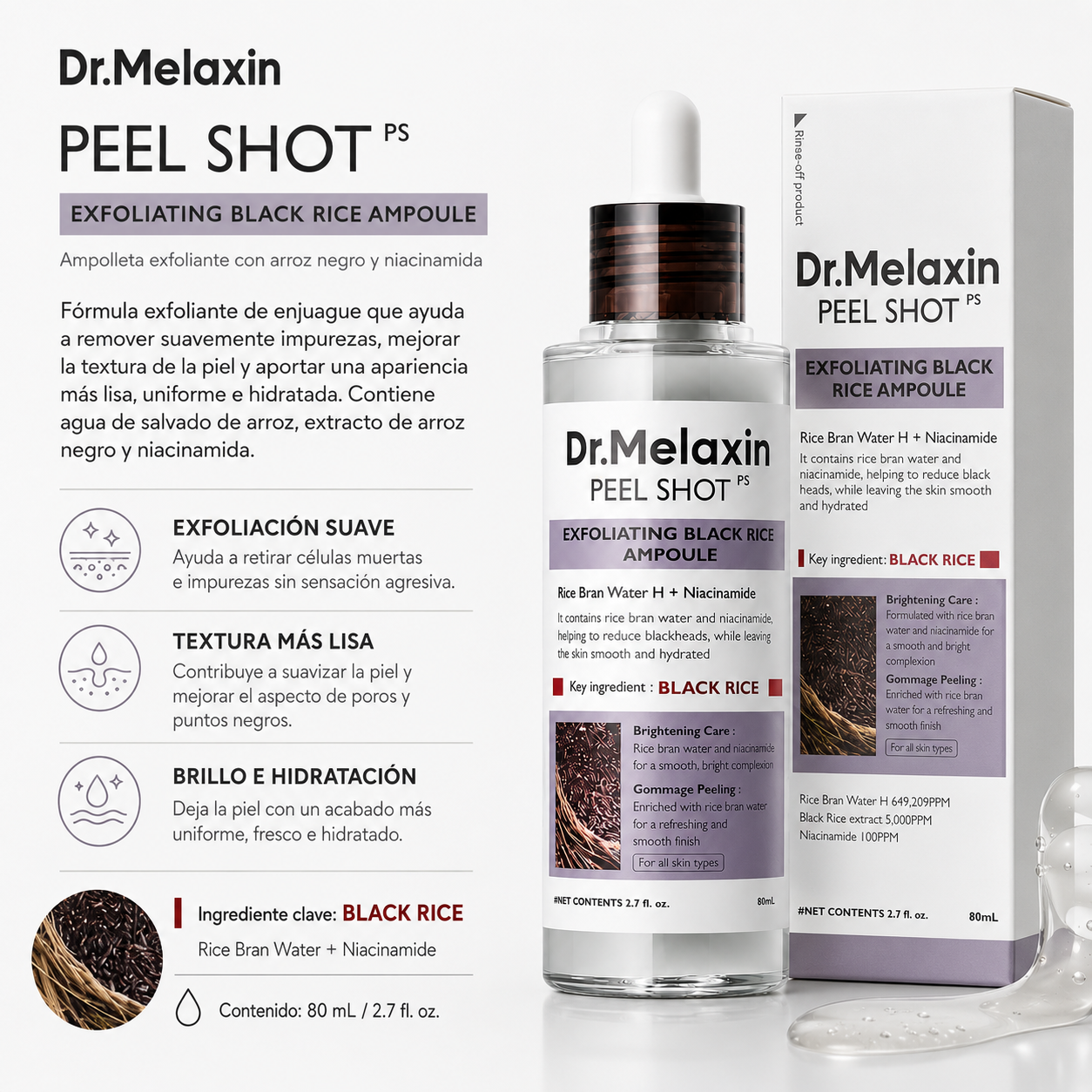 Dr.Melaxin - Peel Shot PS Exfoliating Black Rice Ampoule - Exfoliante Suave con Arroz Negro y Niacinamida 80 ml