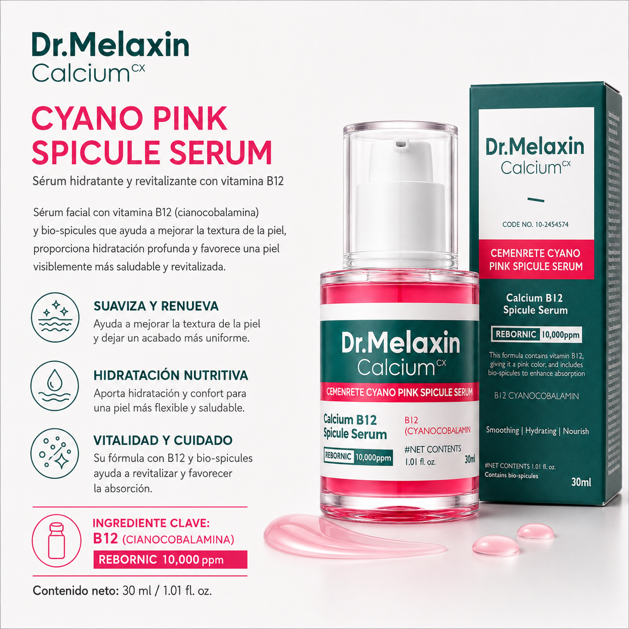 Dr.Melaxin - Calcium CX Cemenrete Cyano Pink Spicule Serum - Sérum Rejuvenecedor con Vitamina B12 y Spicules 30 ml