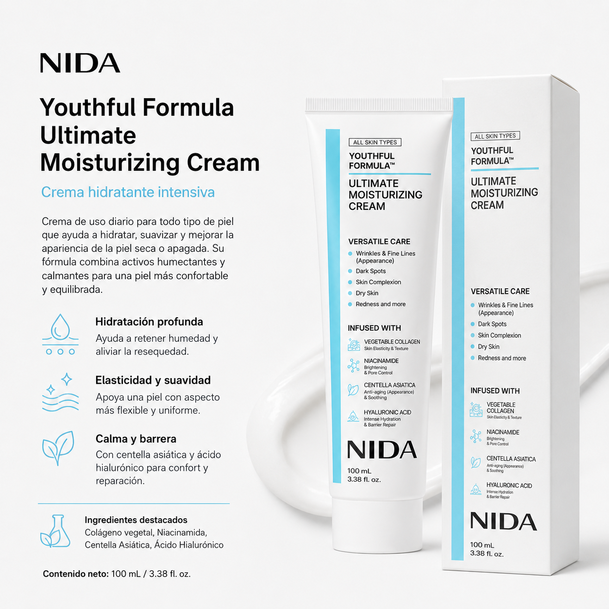 NIDA - Youthful Formula Ultimate Moisturizing Cream - Crema Hidratante Antiedad con Colágeno Vegetal y Niacinamida 100 ml