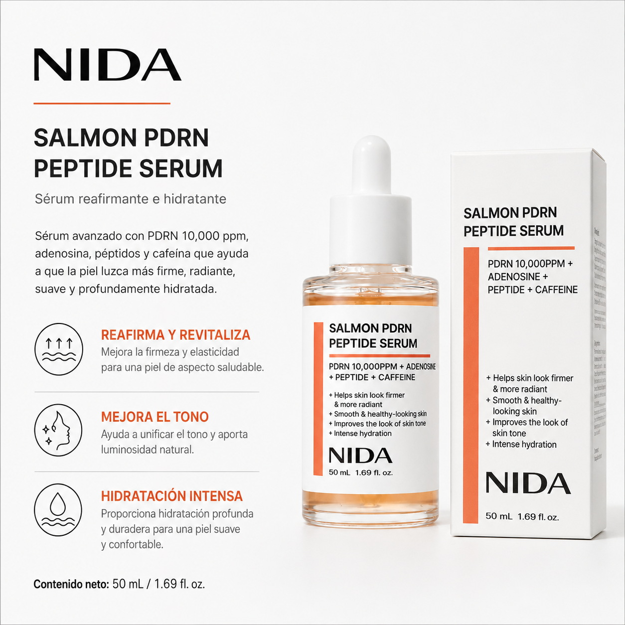 NIDA - Salmon PDRN Peptide Serum - Suero Reafirmante e Hidratante con PDRN, Péptidos y Cafeína 50 ml
