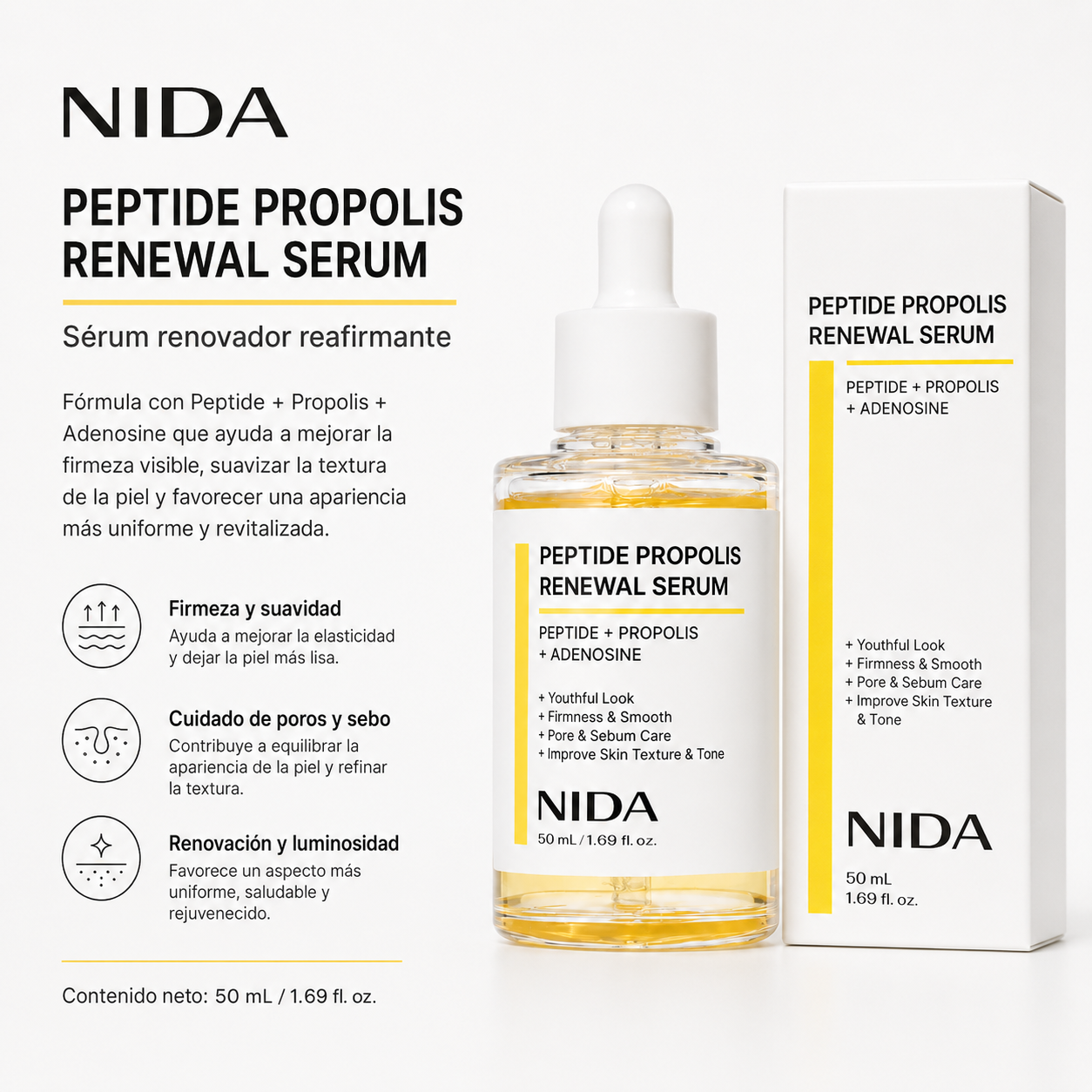 NIDA - Peptide Propolis Renewal Serum - Suero Renovador e Hidratante con Péptidos, Própolis y Adenosina 50 ml