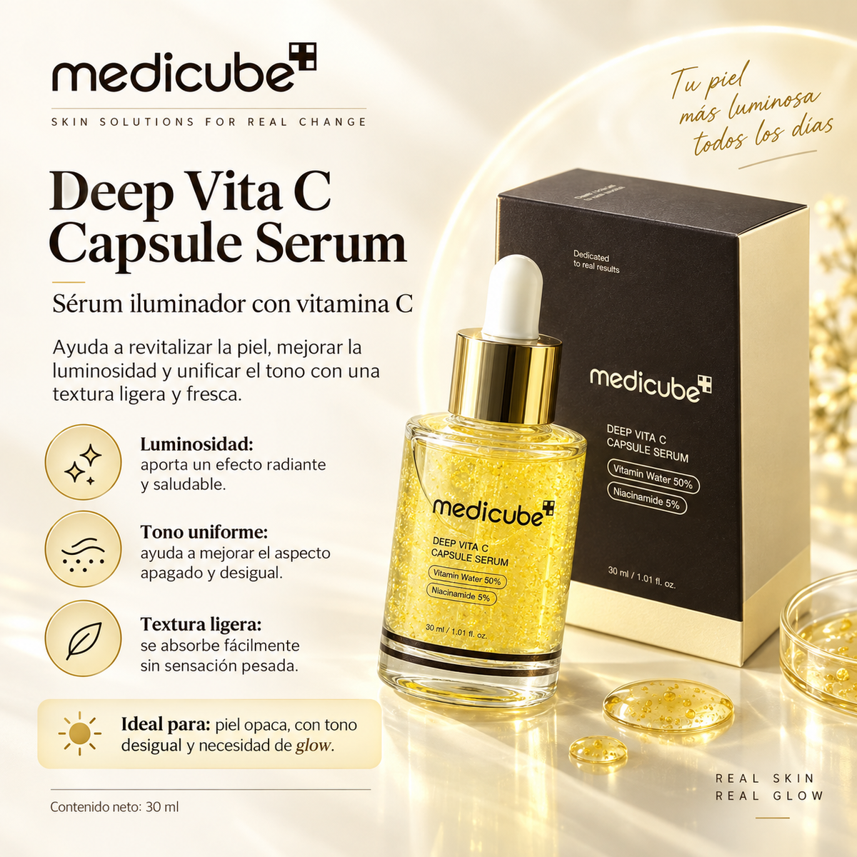 MEDICUBE – Deep Vita C Capsule Serum 30 ml | Sérum iluminador con Vitamina C y Niacinamida