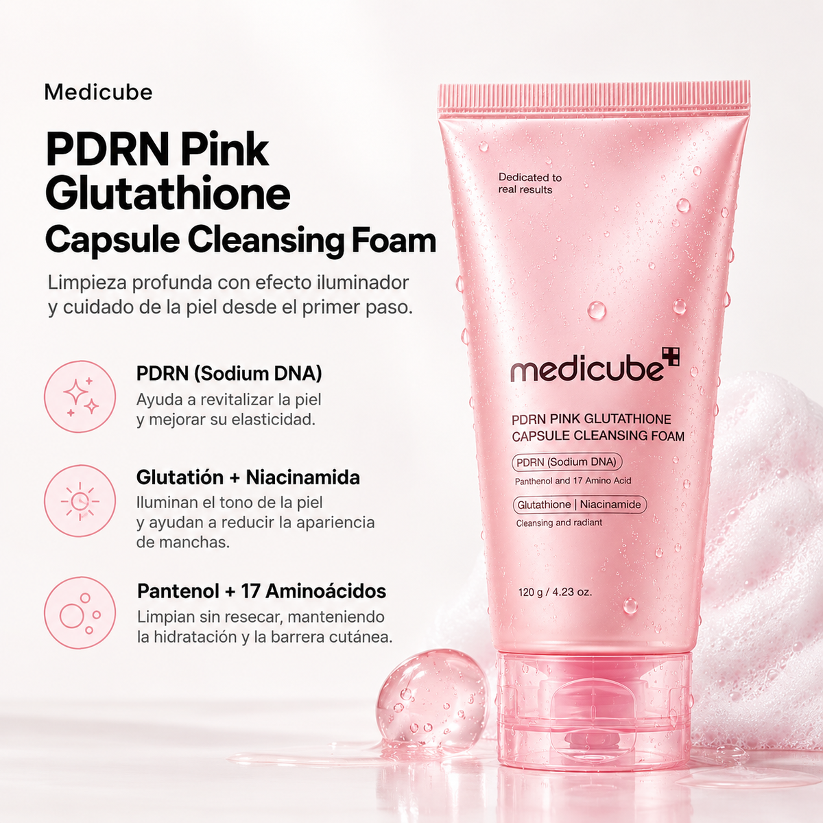 MEDICUBE – PDRN Pink Glutathione Capsule Cleansing Foam 120 g | Espuma limpiadora iluminadora con PDRN y Glutatión