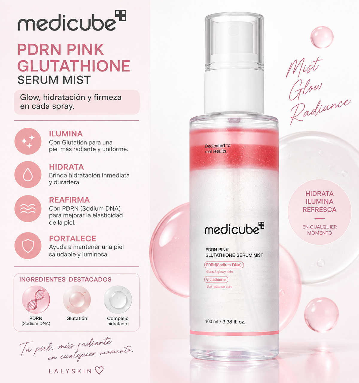 MEDICUBE – PDRN Pink Glutathione Serum Mist 100 ml | Bruma sérum iluminadora con PDRN y Glutatión