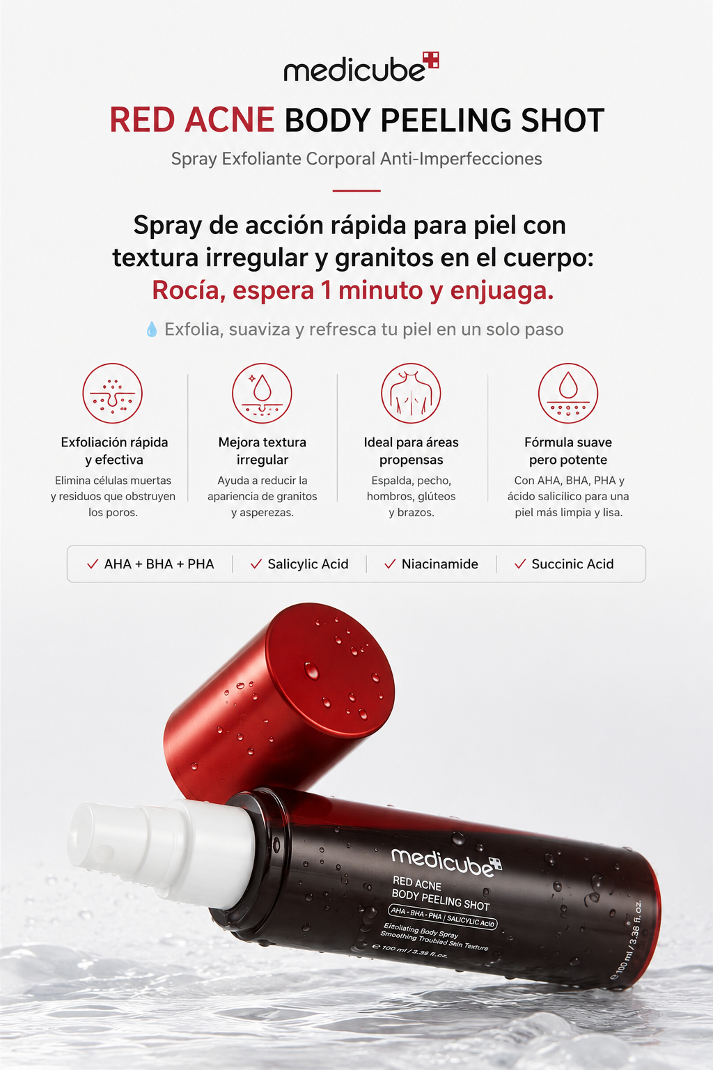 Medicube - Red Acne Body Peeling Shot – Exfoliante Corporal Intensivo con 32% AHA, BHA, PHA y LHA 110 g