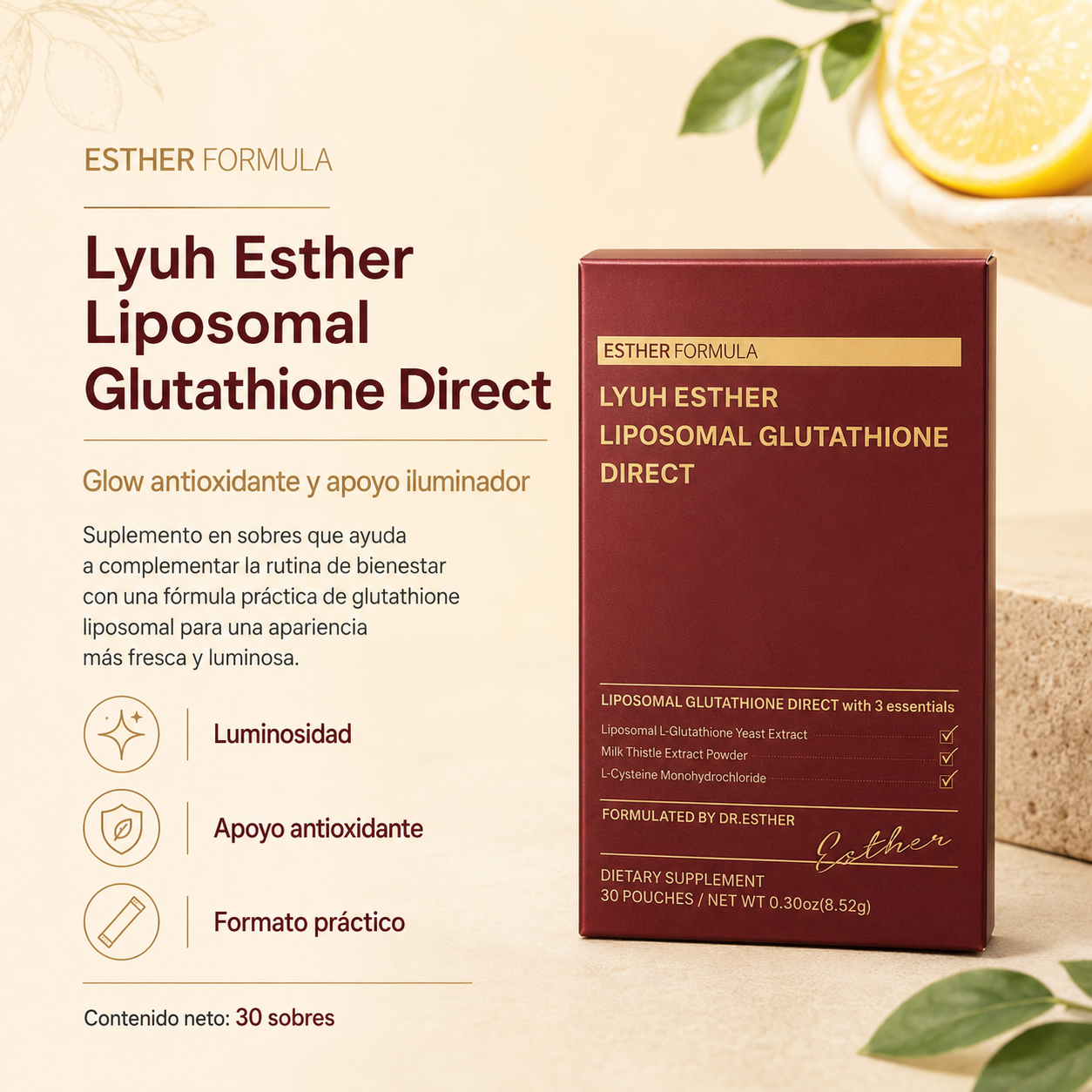 Esther Formula - Liposome Glutathione Direct Ultra X – Láminas Orales de Glutatión Liposomal 30 piezas