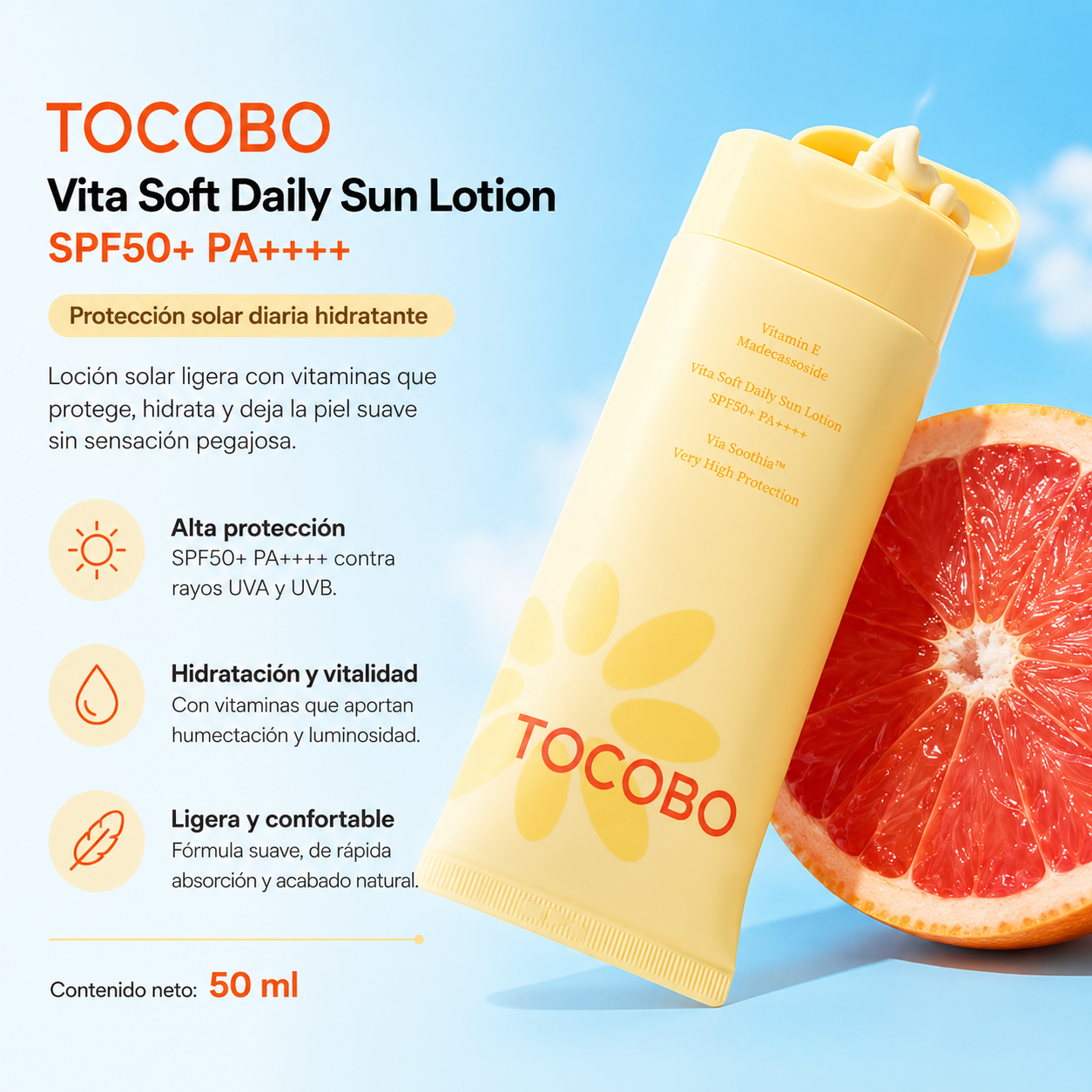 Tocobo - Vita Soft Daily Sun Lotion SPF50+ PA++++ | Protector Solar Corporal y Facial Hidratante 150 ml