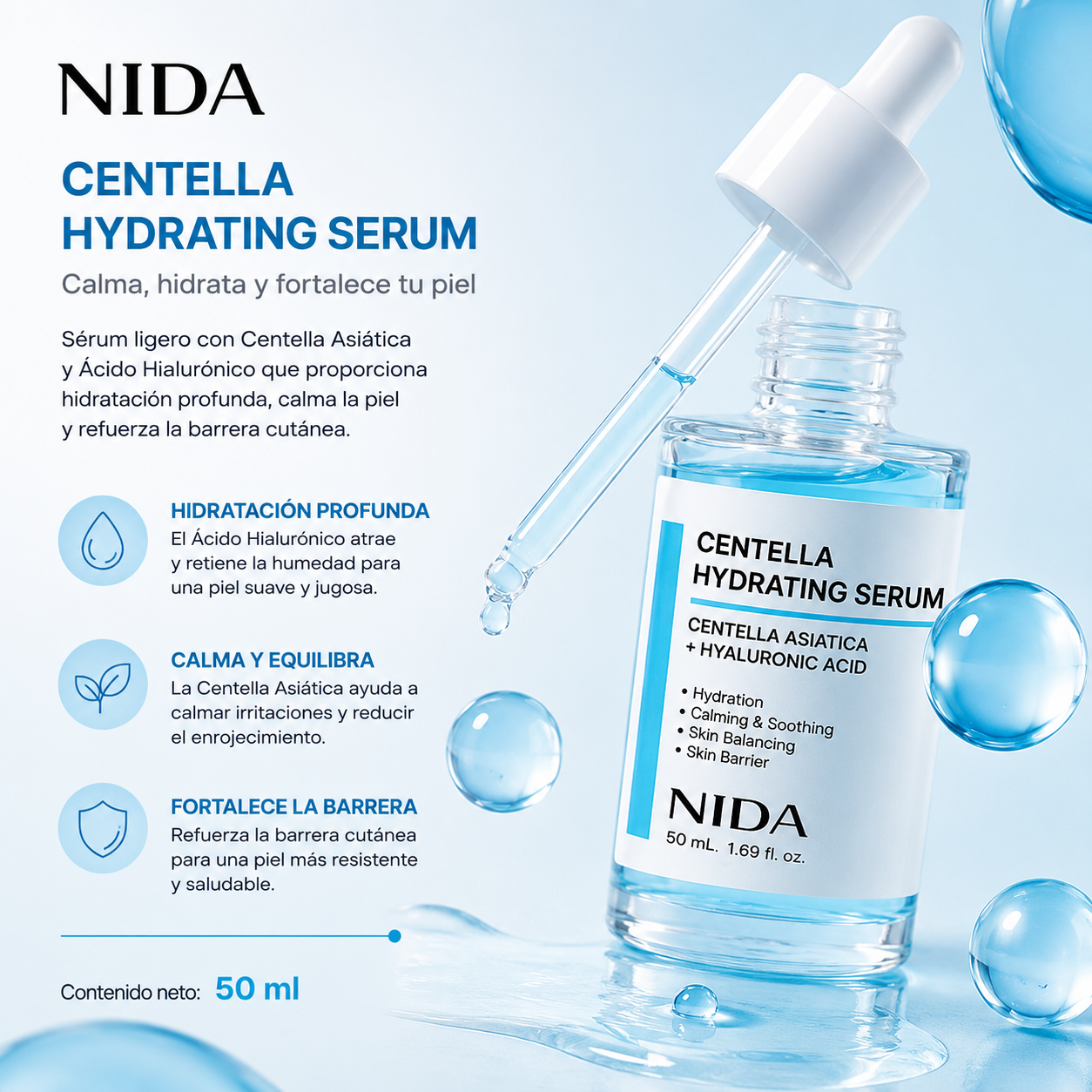NIDA - Centella Hydrating Serum – Suero Hidratante con Centella Asiática y Ácido Hialurónico 50 ml