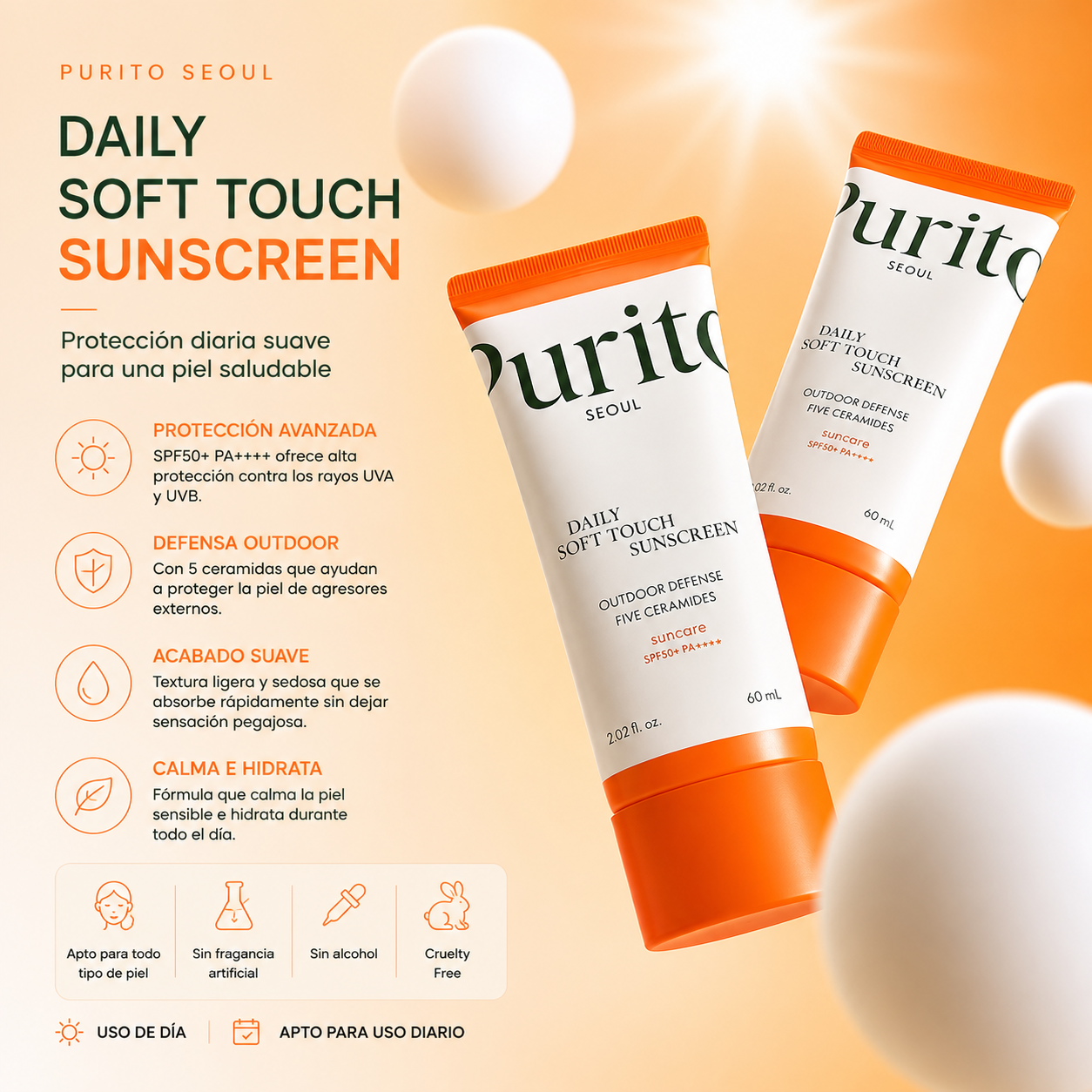 Purito Seoul - Daily Soft Touch Sunscreen SPF50+ PA++++ – Protector Solar Facial con 5 Ceramidas 60 ml