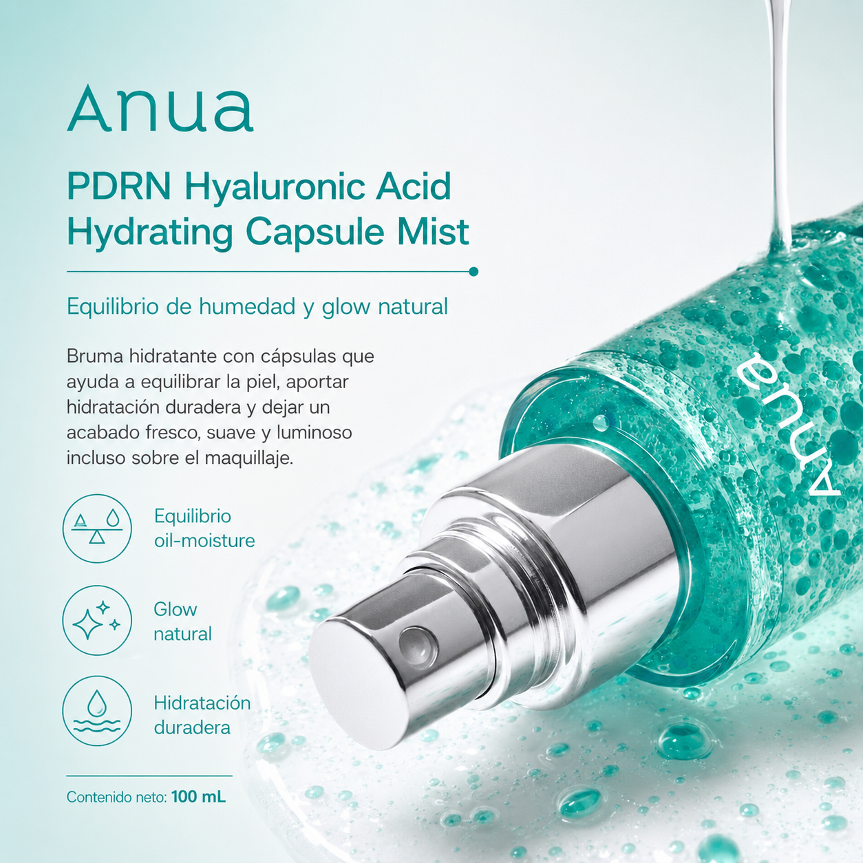 Anua - PDRN Hyaluronic Acid Hydrating Capsule Mist – Bruma Facial Hidratante con PDRN y Colágeno 100 ml