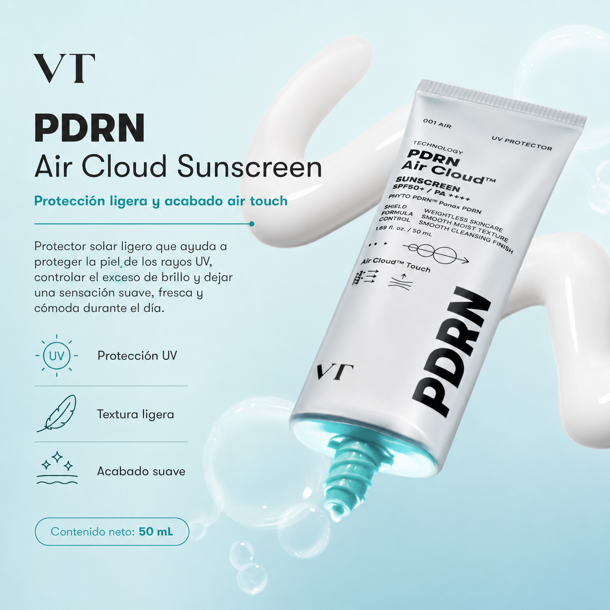 VT COSMETICS - PDRN Air Cloud Sunscreen SPF50+ PA++++ | Protector Solar Ultraligero con PDRN 50 ml