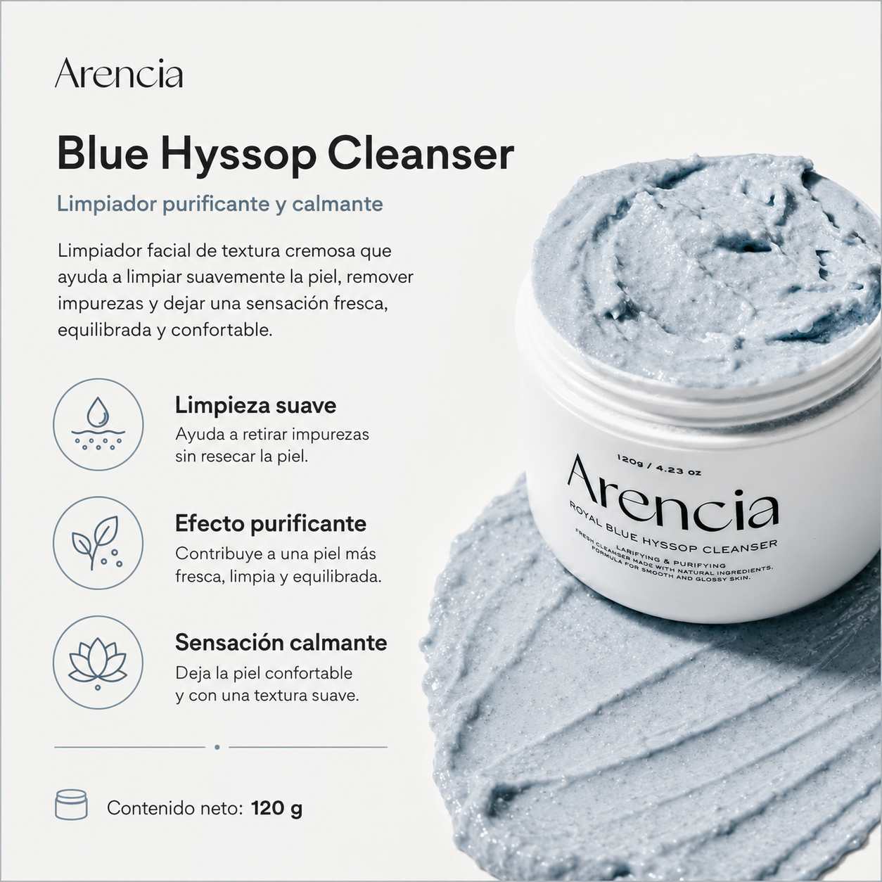 Arencia - Fresh Blue Hyssop Rice Mochi Cleanser | Limpiador Facial Hidratante y Purificante con Hisopo Azul y Arroz 120 g