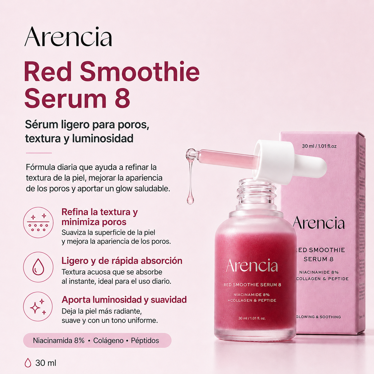 Arencia - Fresh Red Smoothie Serum 8 | Sérum Iluminador con Niacinamida 8%, Colágeno y Péptidos 30 ml