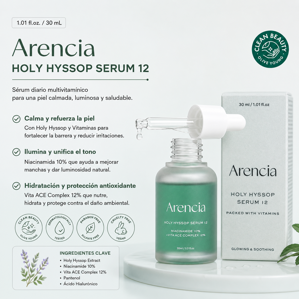 Arencia - Holy Hyssop Serum 12 | Sérum Iluminador con Niacinamida 10%, Vita ACE Complex y Péptidos 30 ml