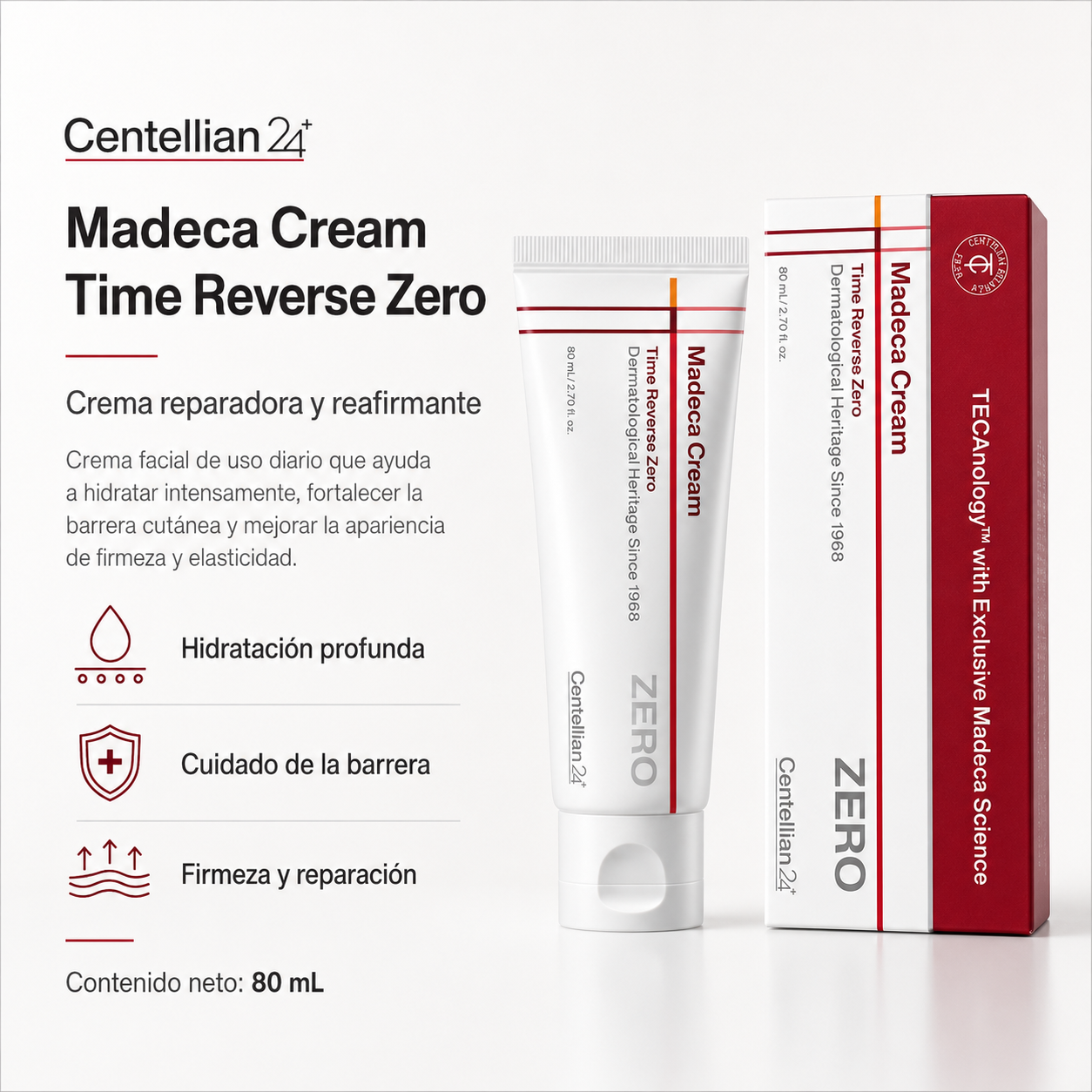 Centellian24 - Madeca Cream Time Reverse Zero | Crema Facial Antiedad Ligera con TECA, Retinol y Ceramidas 80 ml