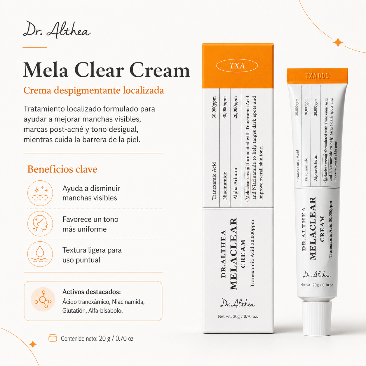 Dr. Althea - Melaclear Cream | Crema Iluminadora Antimanchas con Tranexamic Acid, Niacinamide y Alpha-Arbutin 20 g