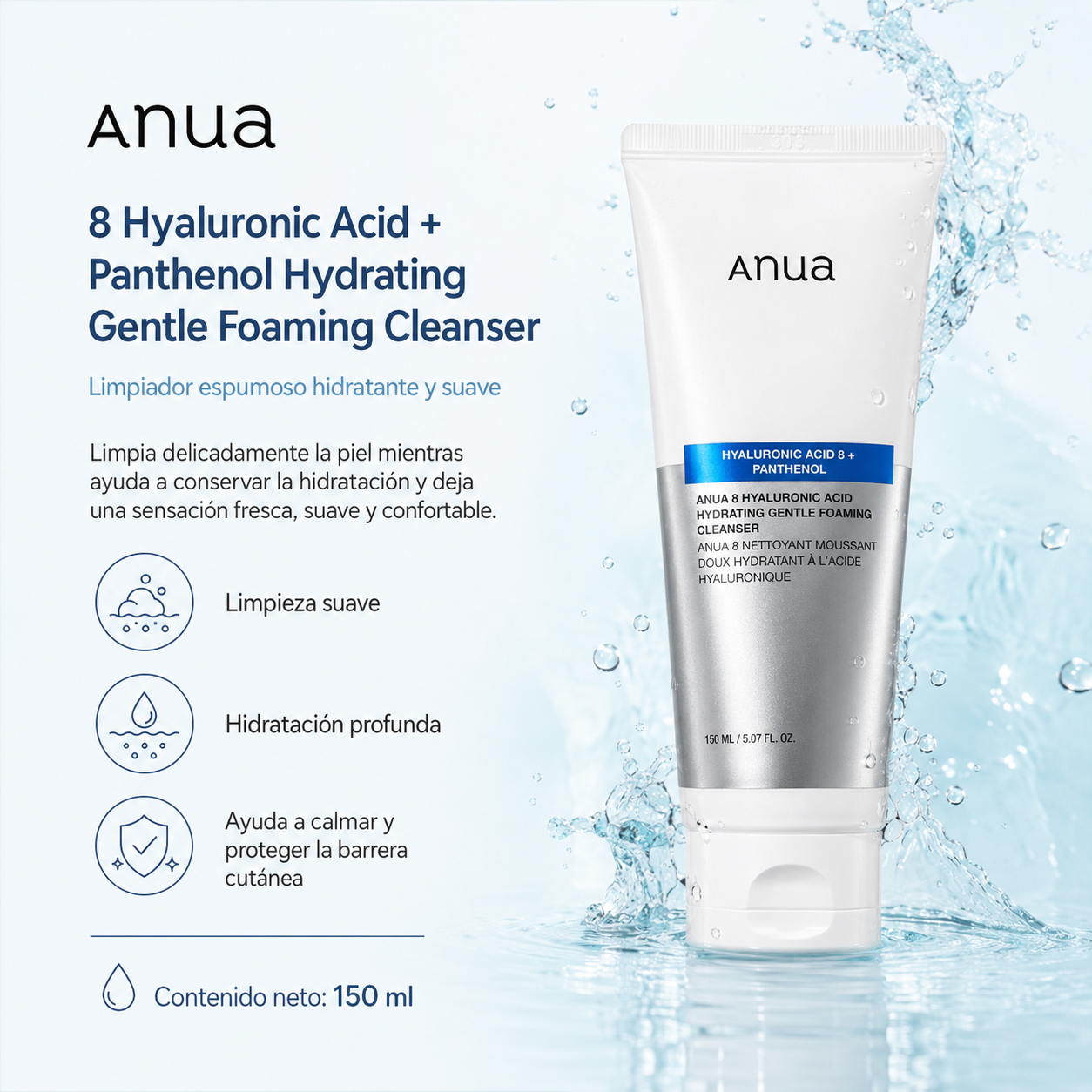 ANUA - 8 Hyaluronic Acid Hydrating Gentle Foaming Cleanser | Limpiador Facial Hidratante con Ácido Hialurónico y Pantenol 150 ml