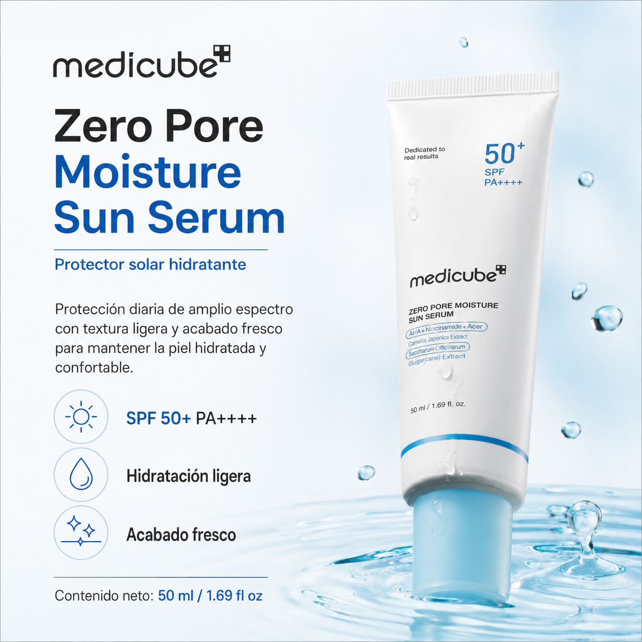 Medicube - Zero Pore Moisture Sun Serum SPF50+ PA++++ | Protector Solar Hidratante con Ácido Hialurónico, Pantenol y Alantoína 50 ml