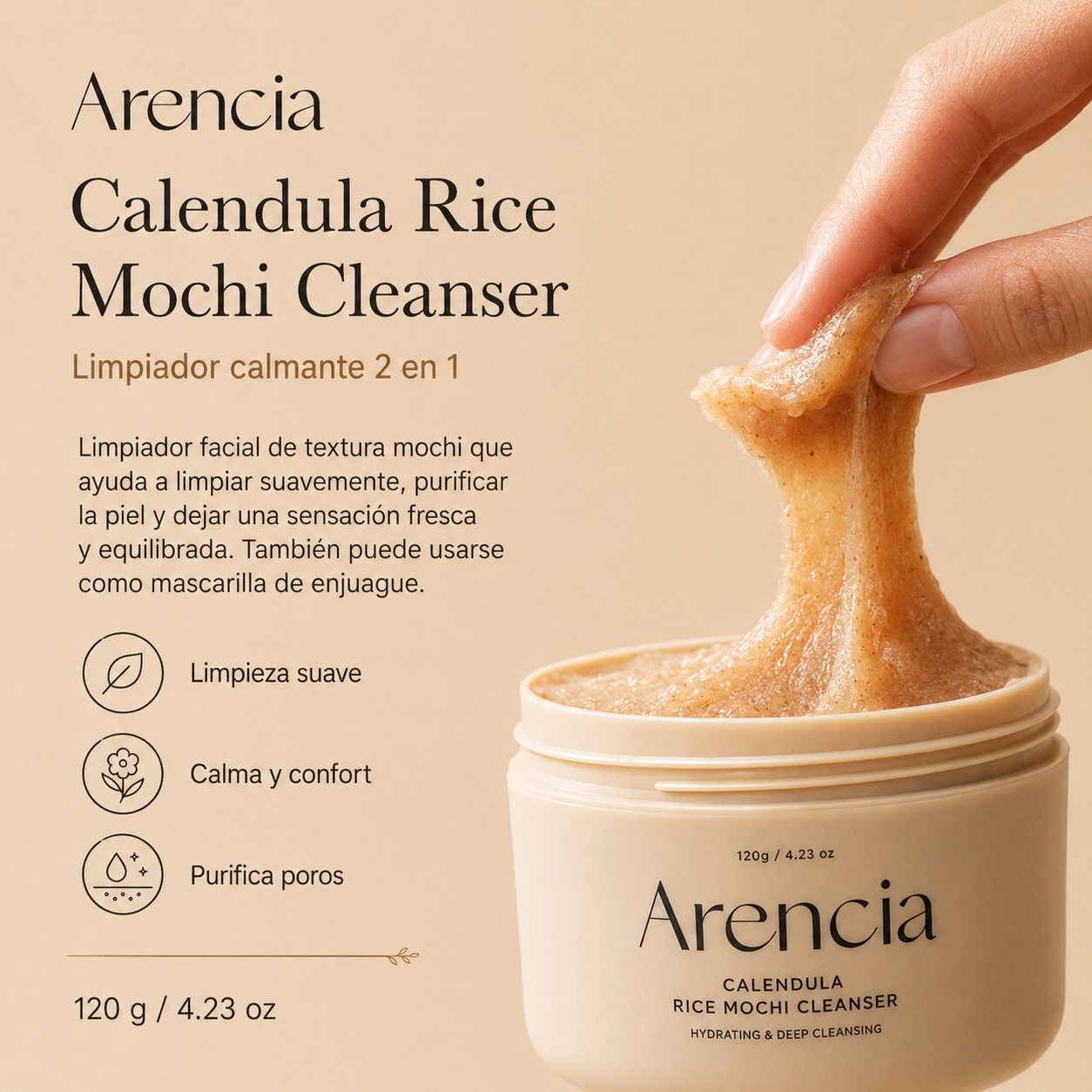Arencia - Calendula Rice Mochi Cleanser | Limpiador Facial Suave e Hidratante con Caléndula y Arroz 120g/4.23oz