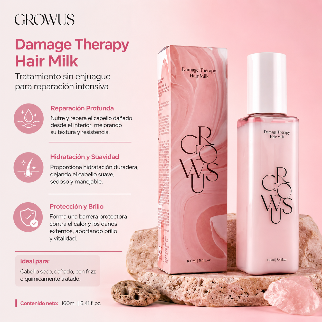 GROWUS - Damage Therapy Hair Milk | Leche Capilar Sin Enjuague Hidratante y Reparadora 160 ml