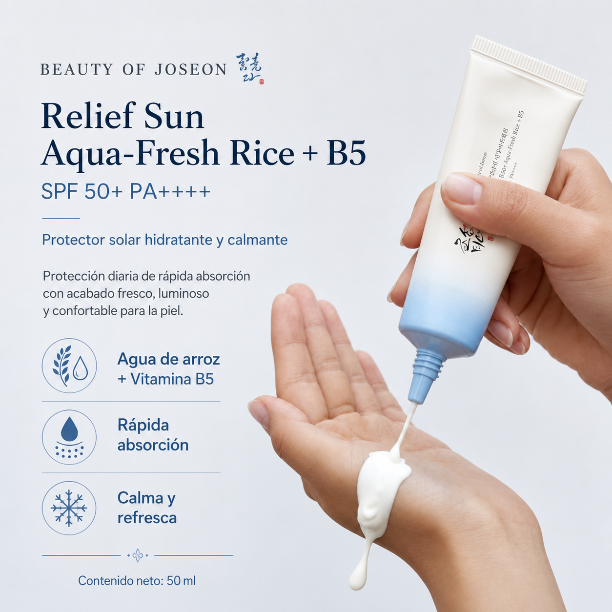BEAUTY OF JOSEON – Relief Sun Aqua-Fresh Rice + B5 SPF 50+ PA++++ 50 ml – Protector Solar Hidratante y Calmante