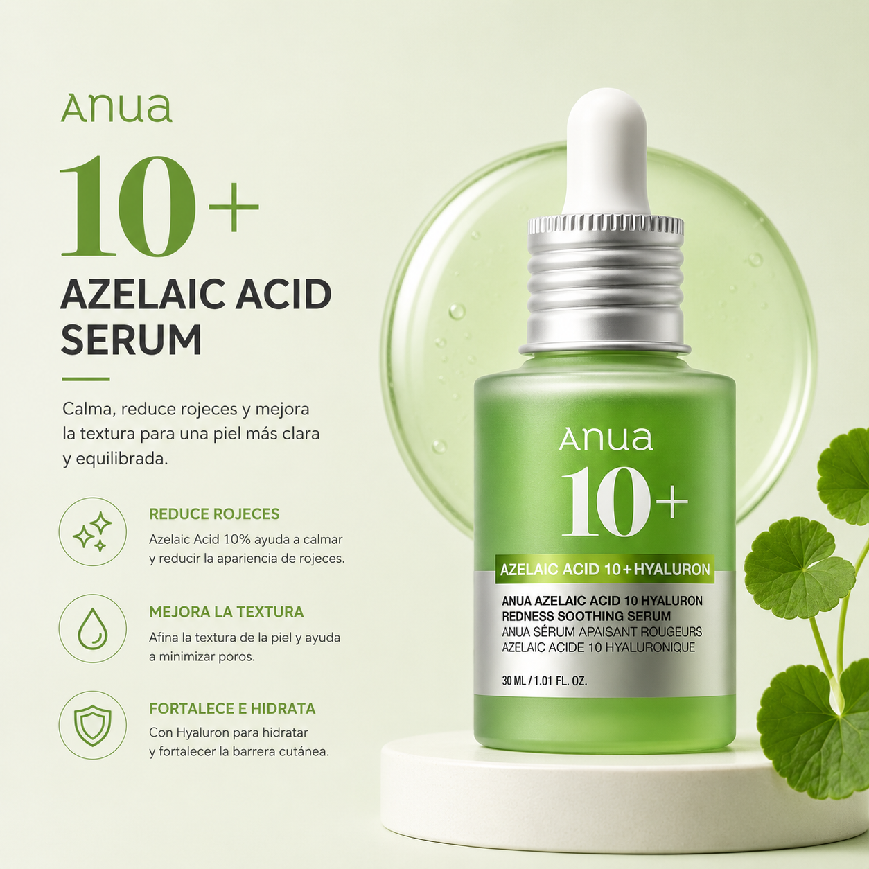 ANUA - Azelaic Acid 10 Hyaluron Redness Soothing Serum 30 ml – Sérum Calmante e Hidratante para Rojeces