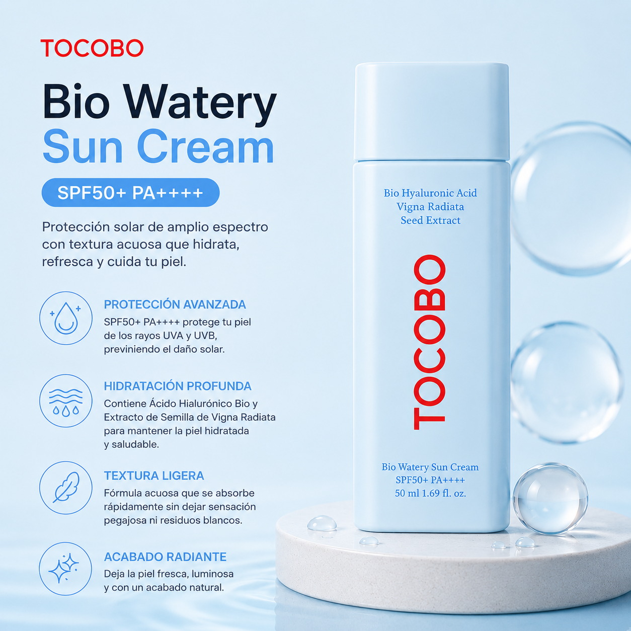 TOCOBO - Bio Watery Sun Cream SPF50+ PA++++ | 50ml | Protector solar hidratante y ligero