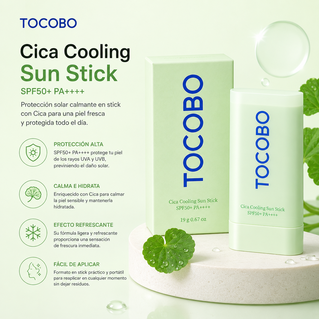 TOCOBO - Cica Cooling Sun Stick SPF50+ PA++++ | 18g | Protector solar en barra refrescante y calmante
