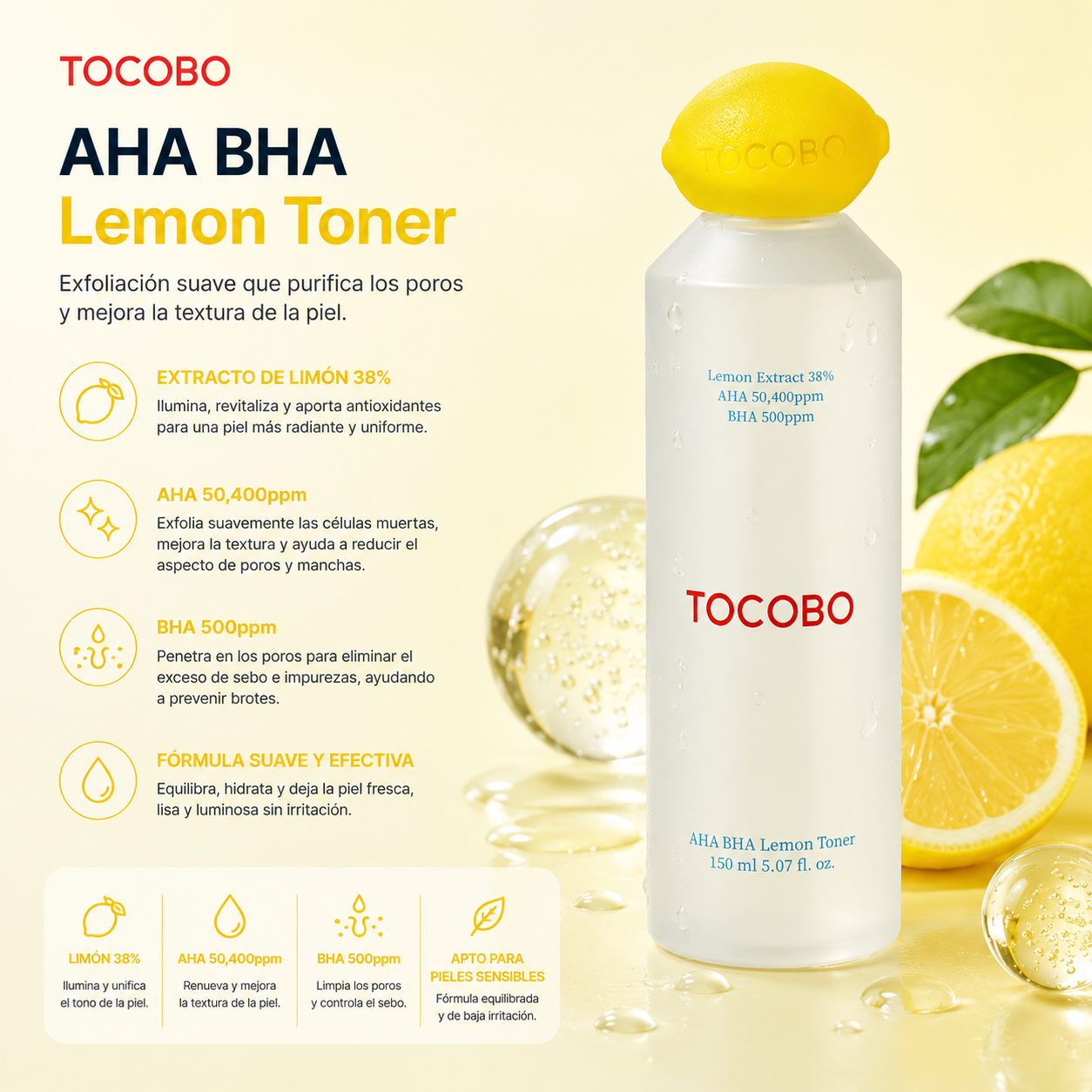 TOCOBO - AHA BHA Lemon Toner | 150ml | Tónico exfoliante e iluminador