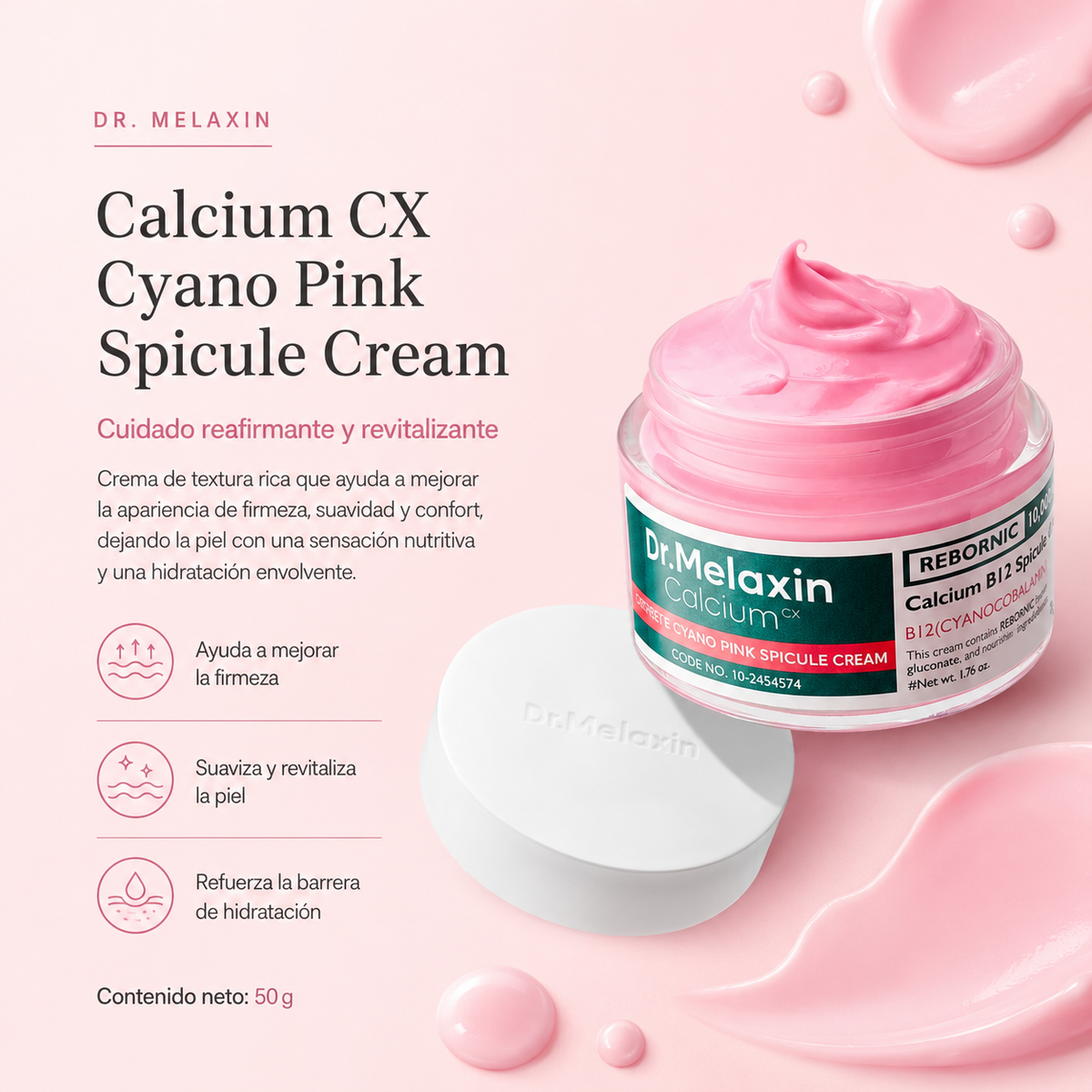 Dr. Melaxin - Calcium Cyano Pink Spicule Cream – Crema Reafirmante con Espículas, Vitamina B12 y REBORNIC 50 ml