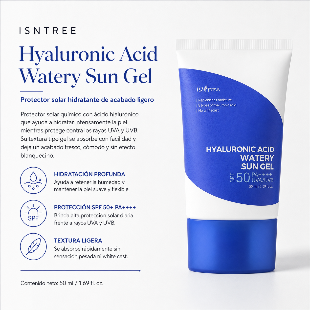 ISNTREE - Hyaluronic Acid Watery Sun Gel | 50ml | Protector solar hidratante SPF50+ PA++++