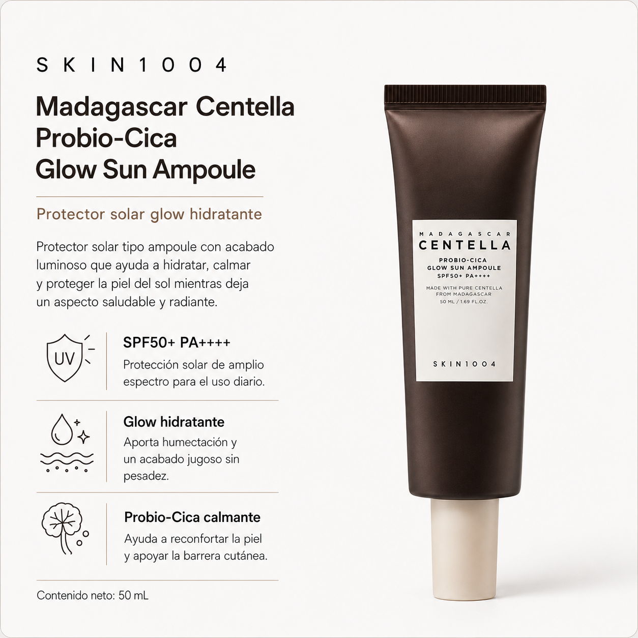 SKIN1004 – Madagascar Centella Probio-Cica Glow Sun Ampoule SPF50+ PA++++ 50 ml – Protector Solar Hidratante y Glow