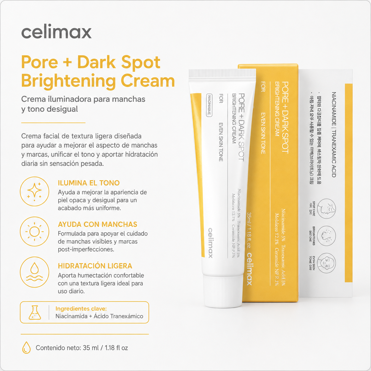 CELIMAX – Pore+Dark Spot Brightening Cream 35 ml – Crema Antimanchas y Unificadora de Tono