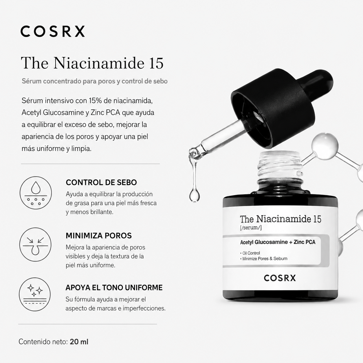 COSRX - The Niacinamide 15 Acetyl Serum Glucosamine + Zinc PCA 20 ML | Serum Concentrado Antiacne