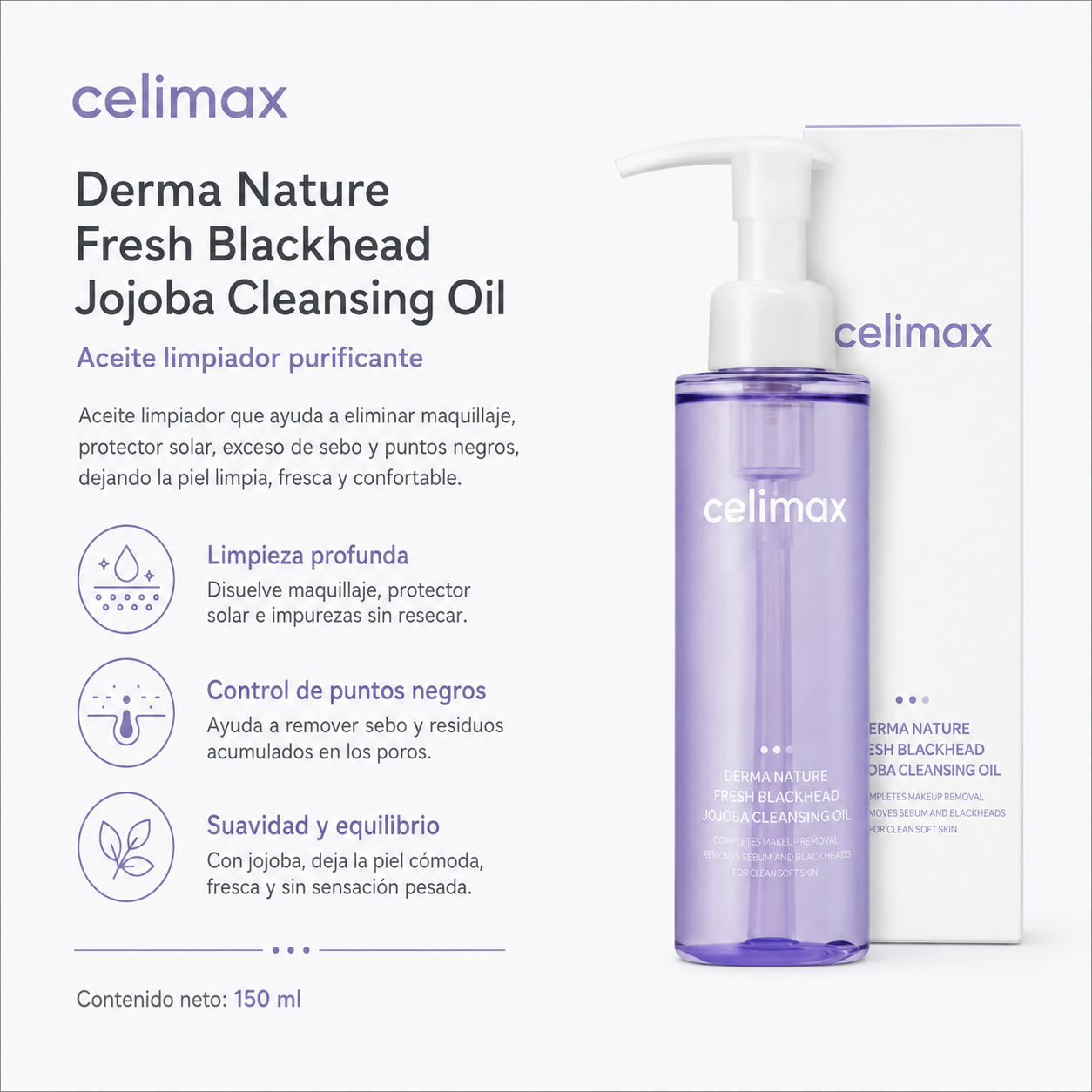 CELIMAX - Derma Nature Fresh Blackhead Jojoba Cleansing Oil 150 ml – Aceite Limpiador para Puntos Negros