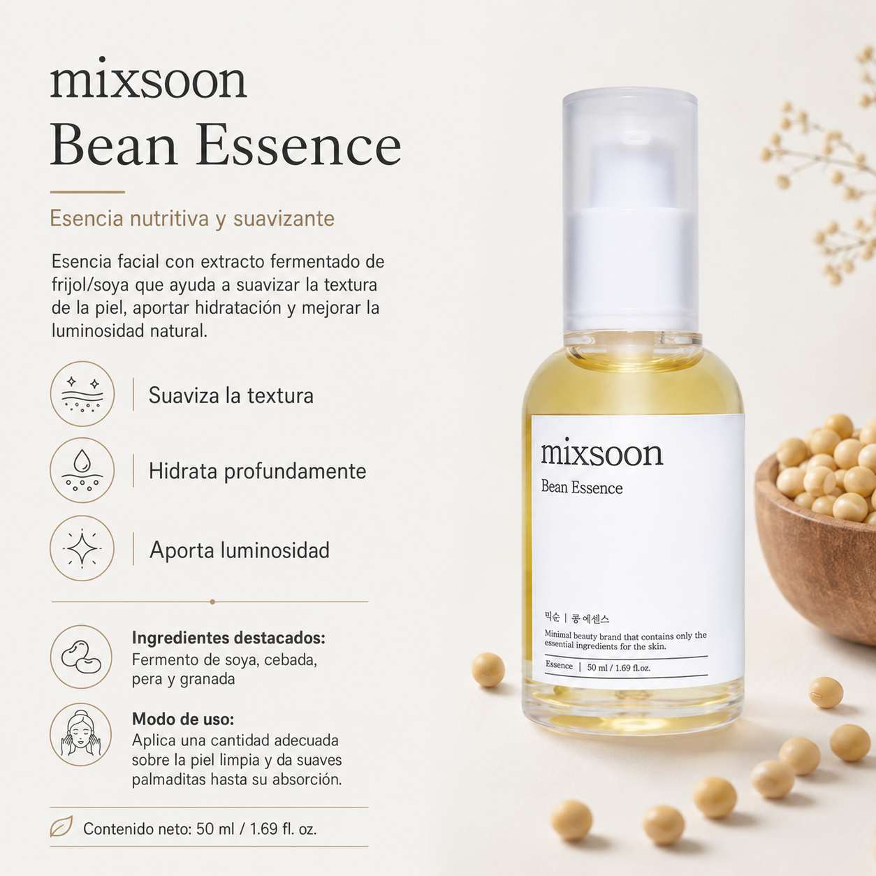 MIXSOON - Bean Essence | 50ml | Esencia vegana de soja fermentada para hidratación y nutrición