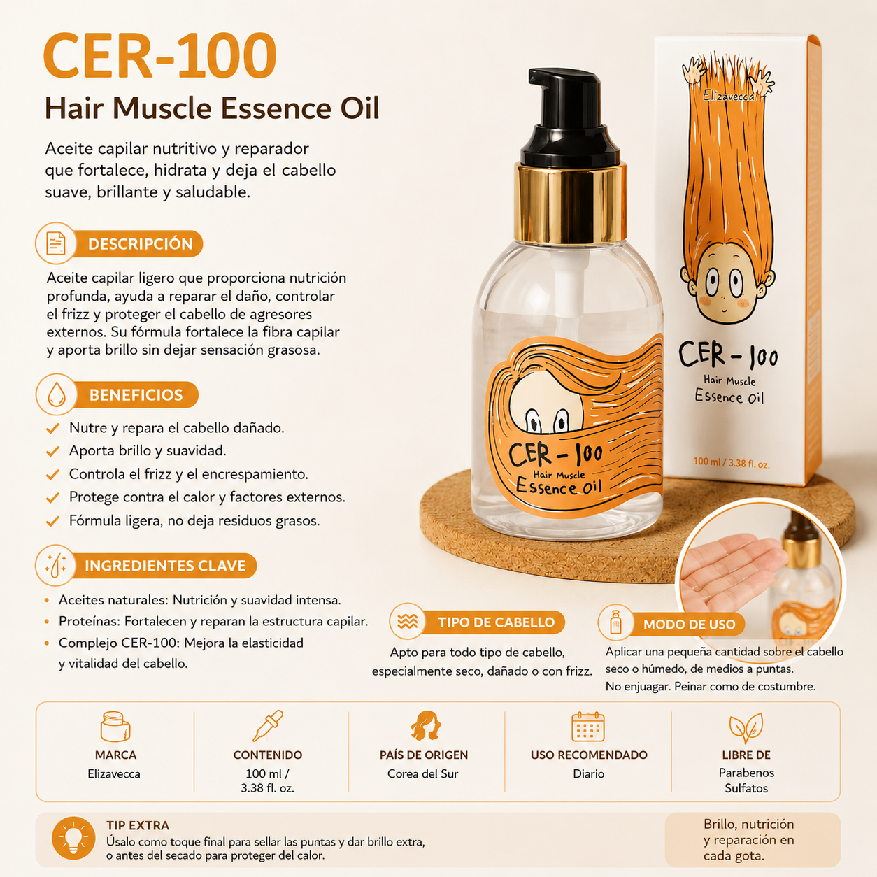 ELIZAVECCA - Cer-100 Hair Muscle Essence Oil 150 ML | Aceite Hidratante