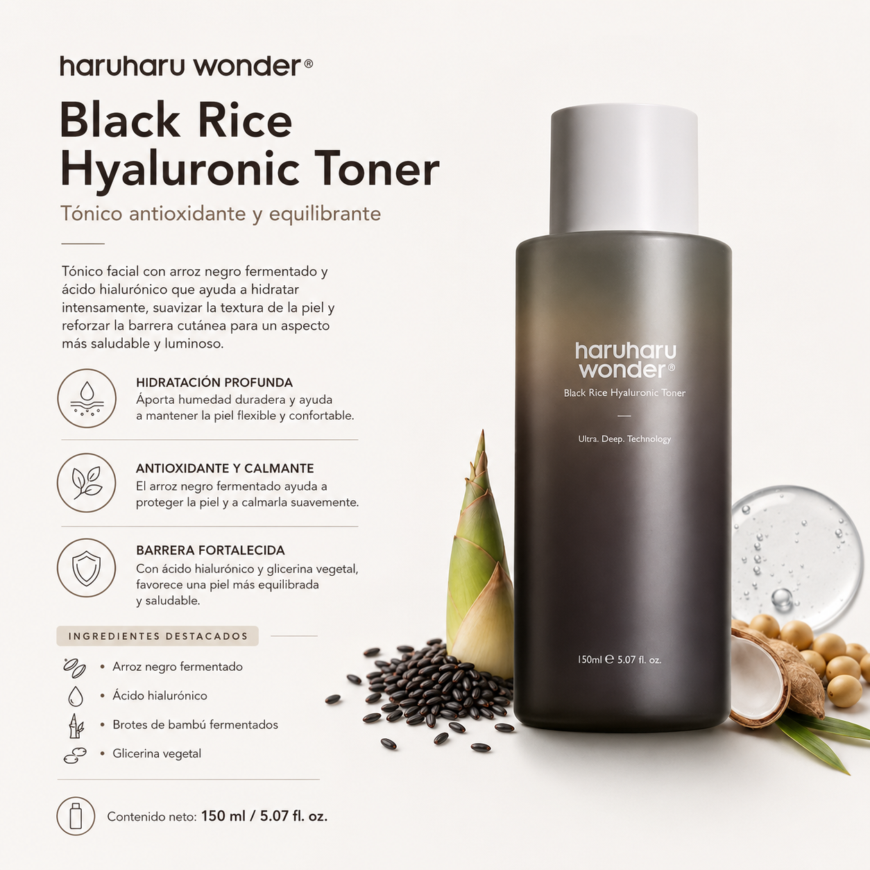 HARUHARU WONDER - Black Rice Hyaluronic Toner | 150ml | Tónico antioxidante y equilibrante