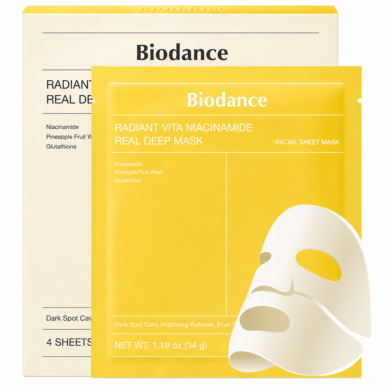 Biodance - Radiant Vita Niacinamide Real Deep Mask – Mascarilla de Hidrogel Iluminadora con Niacinamida, Glutatión y Agua de Piña 4 unidades