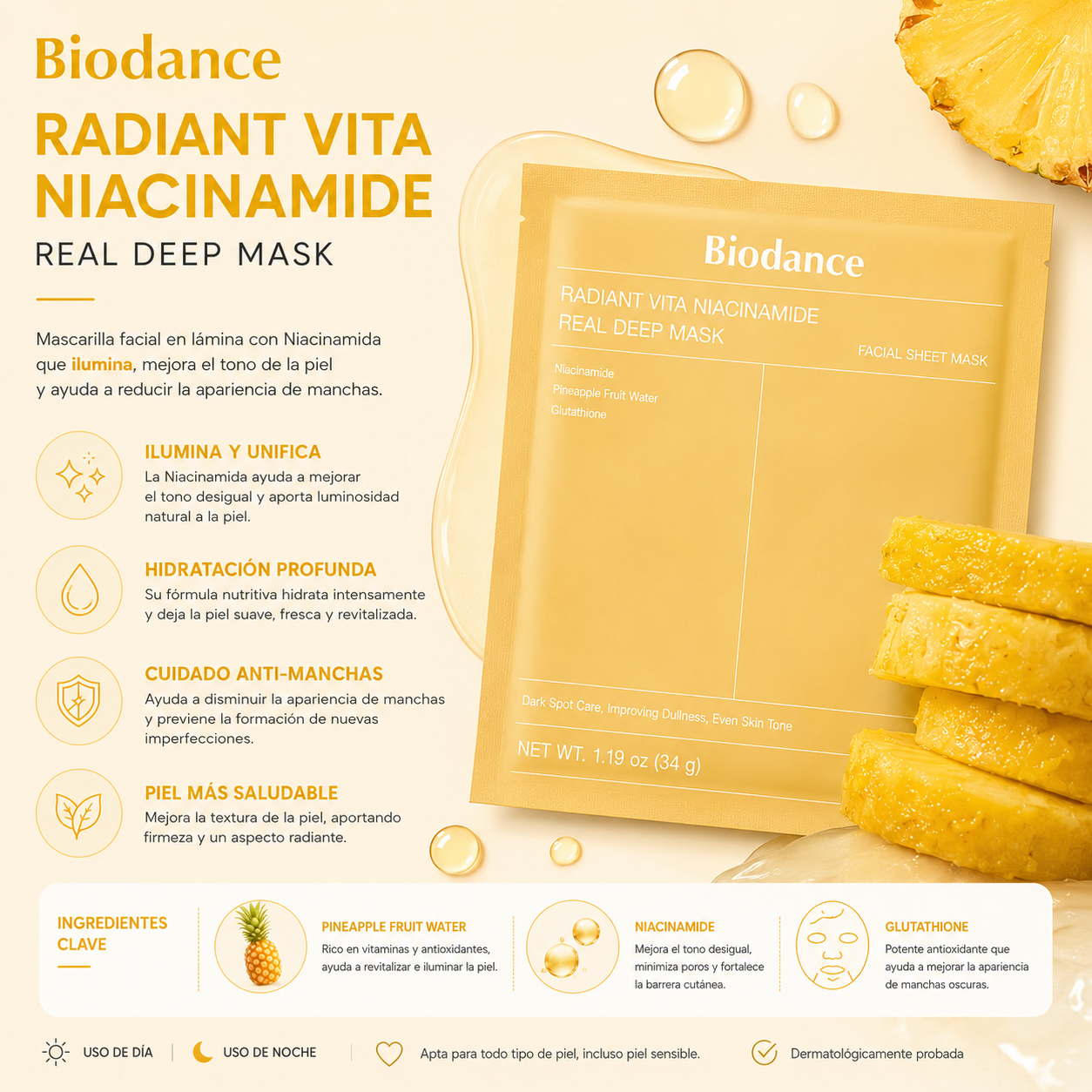 Biodance - Radiant Vita Niacinamide Real Deep Mask – Mascarilla de Hidrogel Iluminadora con Niacinamida, Glutatión y Agua de Piña 4 unidades