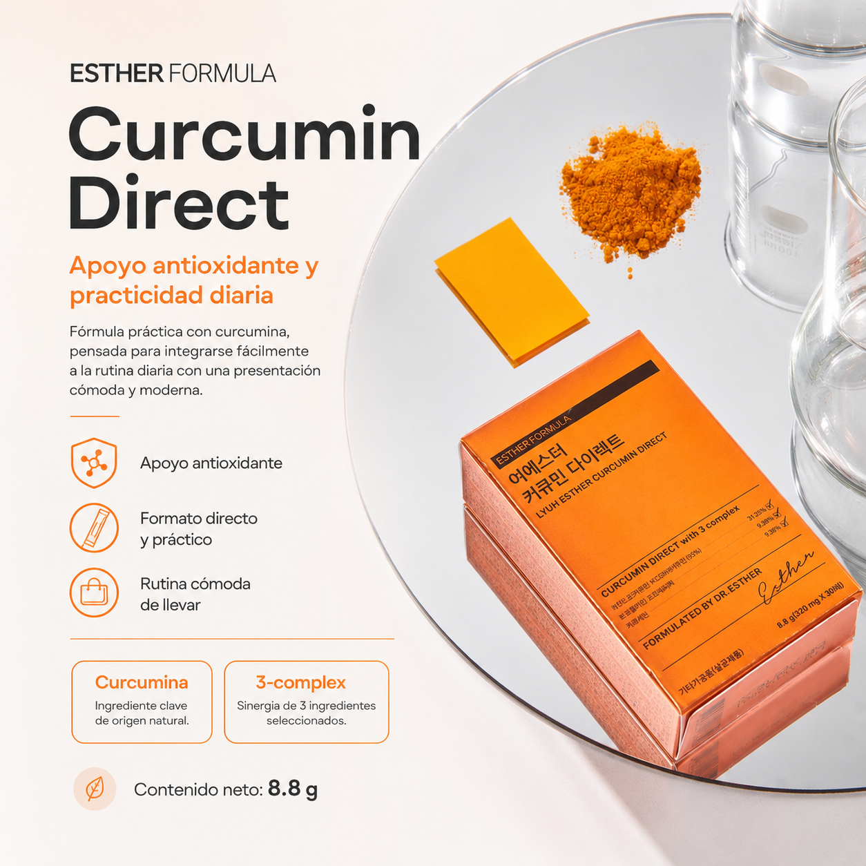 Esther Formula - Lyuh Esther Curcumin Direct – Láminas Orales con Curcumina Hidrosoluble, Bromelina, Quercetina y Vitamina C | 30 unidades