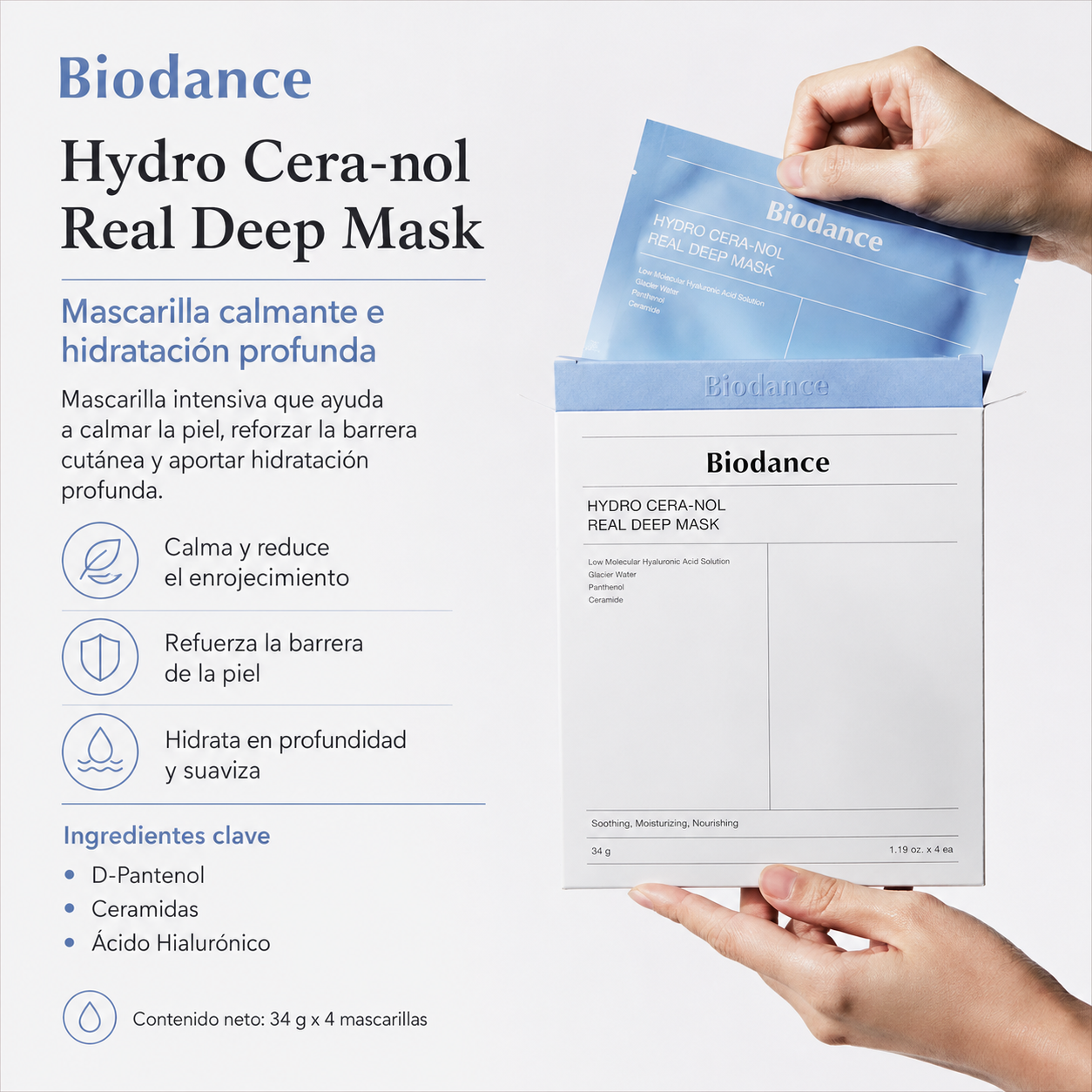 Biodance - Hydro Cera-nol Real Deep Mask | Mascarilla Hidratante Profunda con Ceramidas y Pantenol 34 g - 4 unidades