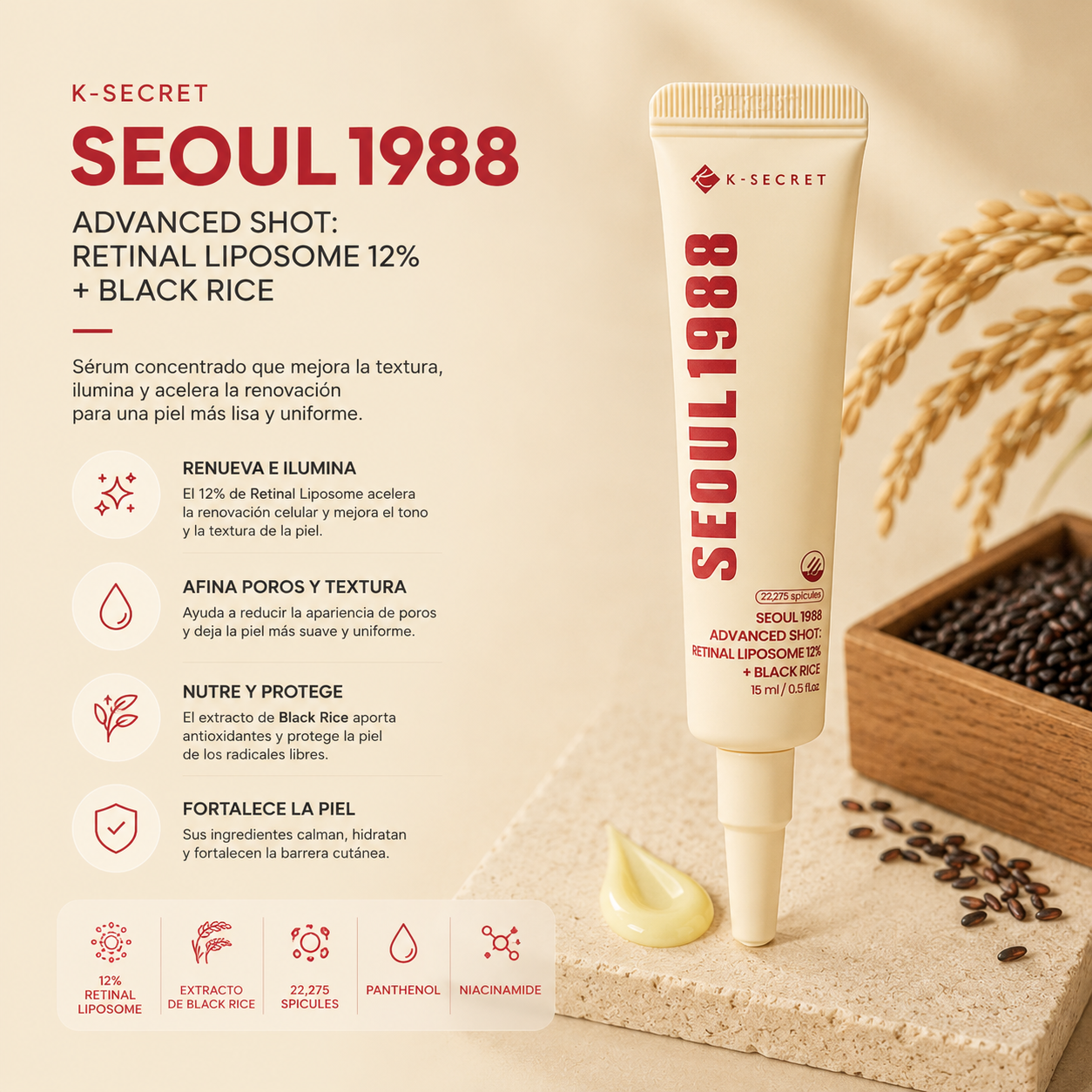 K-SECRET – SEOUL 1988 Advanced Shot Retinal Liposome 12% + Black Rice 15 ml – Tratamiento Intensivo Antiedad